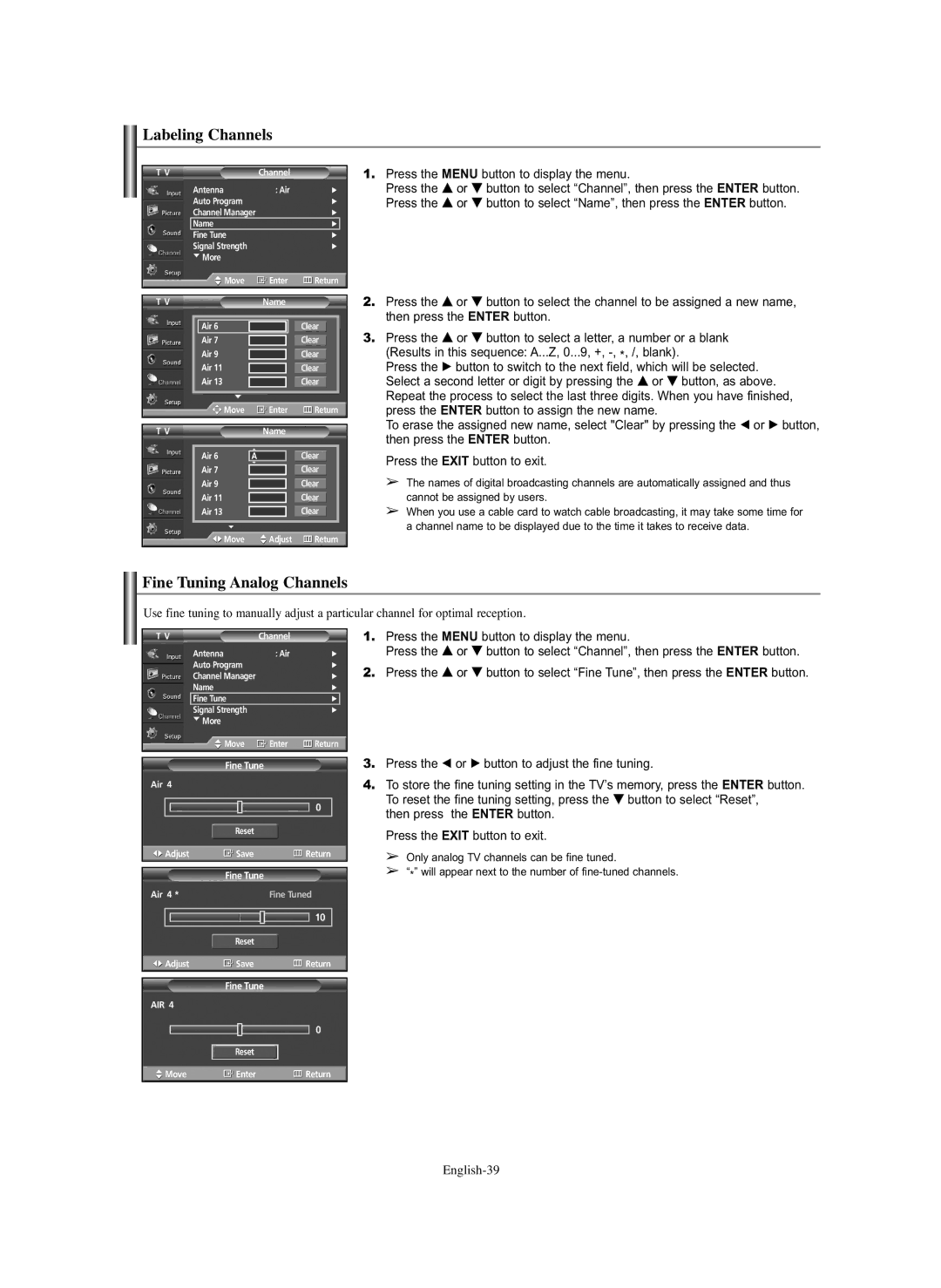 Samsung SP-S4243 manual Labeling Channels, Fine Tuning Analog Channels 