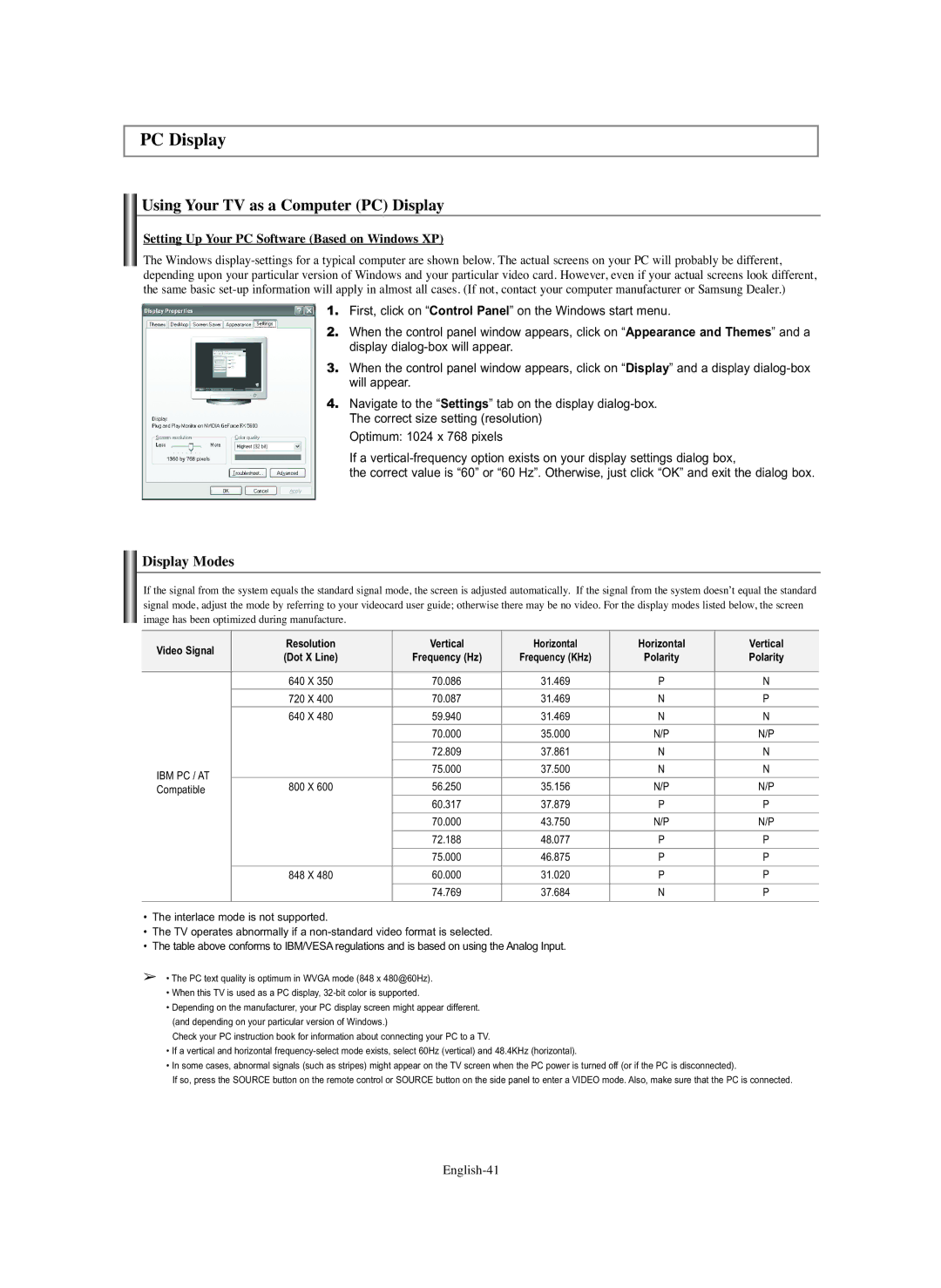 Samsung SP-S4243 Using Your TV as a Computer PC Display, Setting Up Your PC Software Based on Windows XP, English-41 