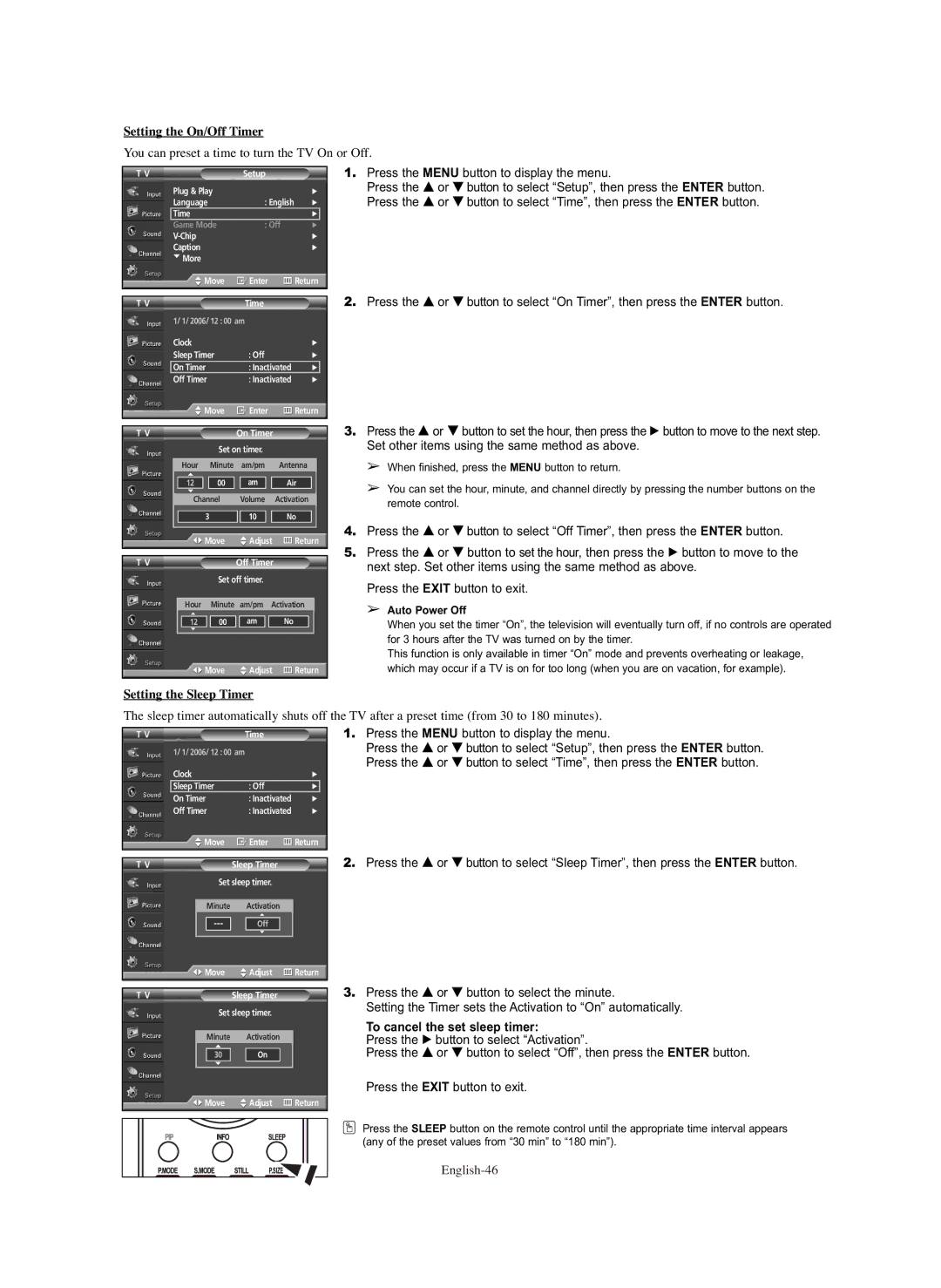 Samsung SP-S4243 manual Setting the On/Off Timer, You can preset a time to turn the TV On or Off, Setting the Sleep Timer 