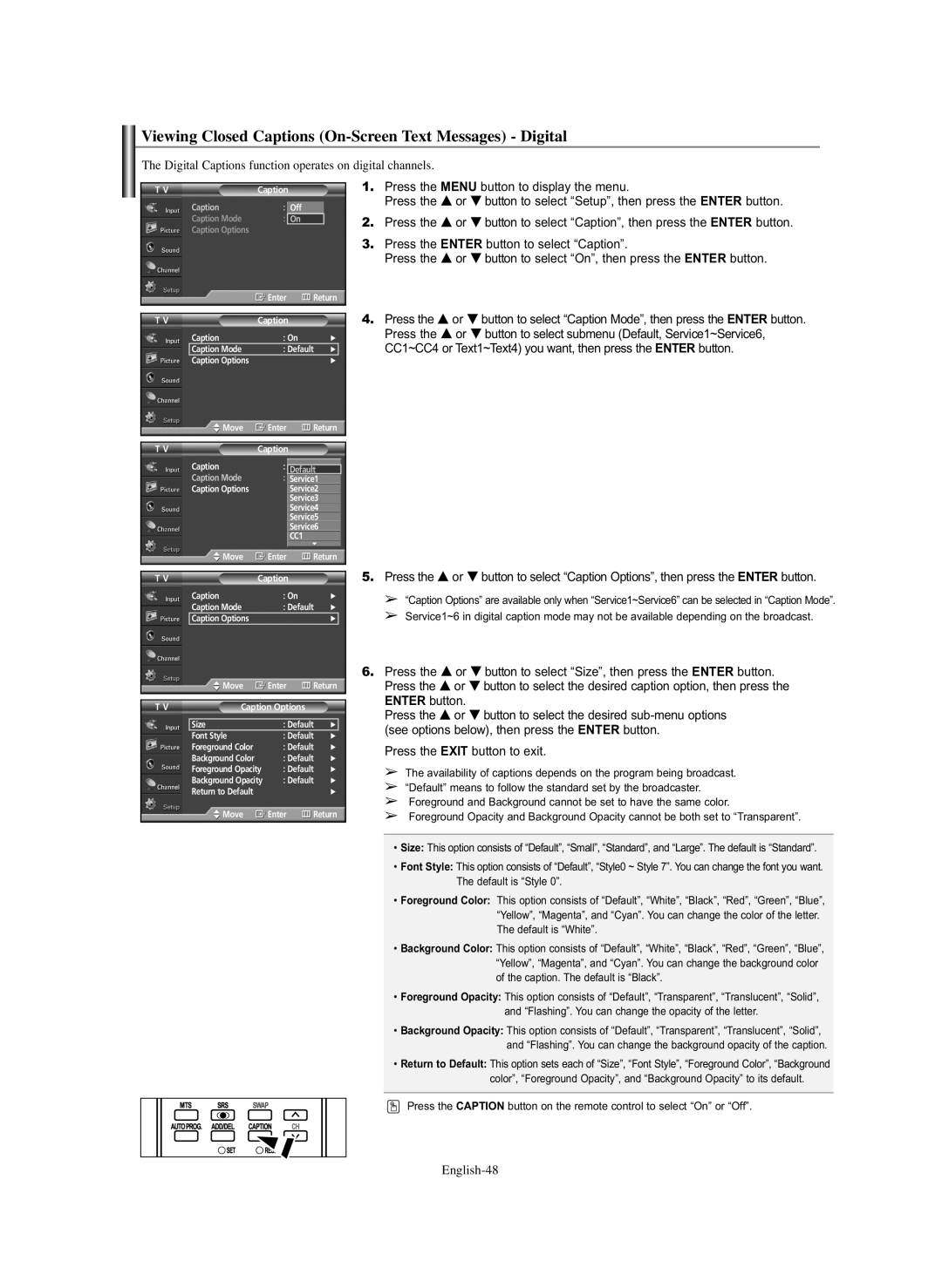 Samsung SP-S4243 manual Viewing Closed Captions On-Screen Text Messages Digital, Press the Enter button to select Caption 