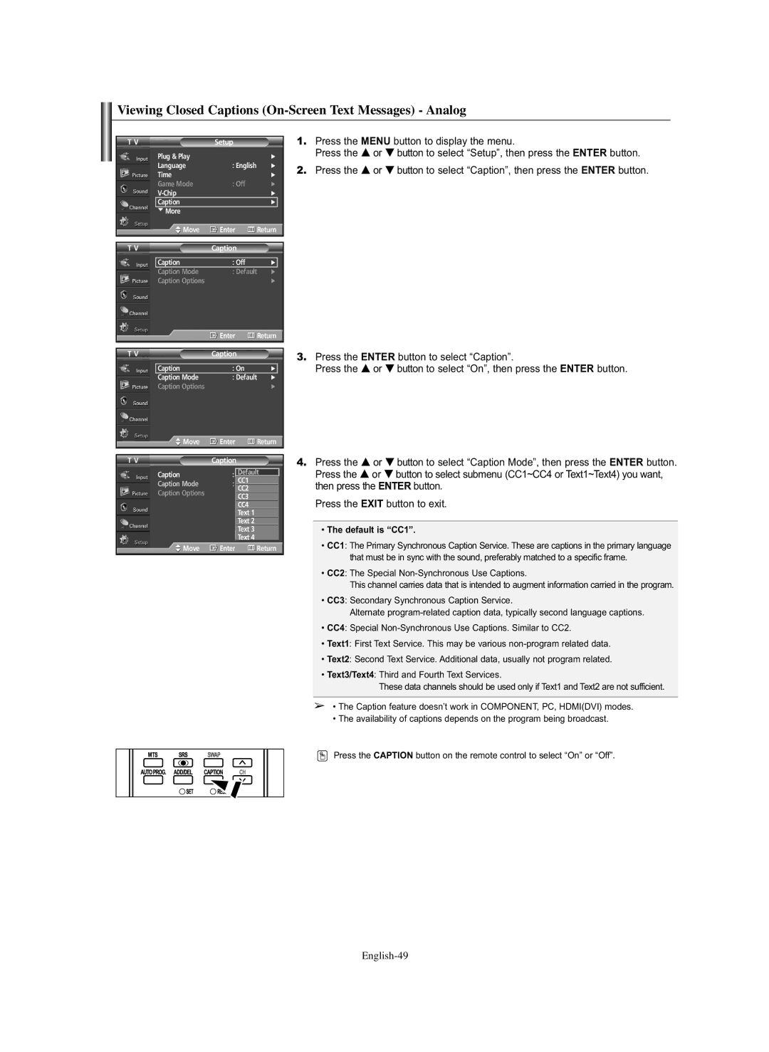 Samsung SP-S4243 manual Viewing Closed Captions On-Screen Text Messages Analog, English-49, Default is CC1 