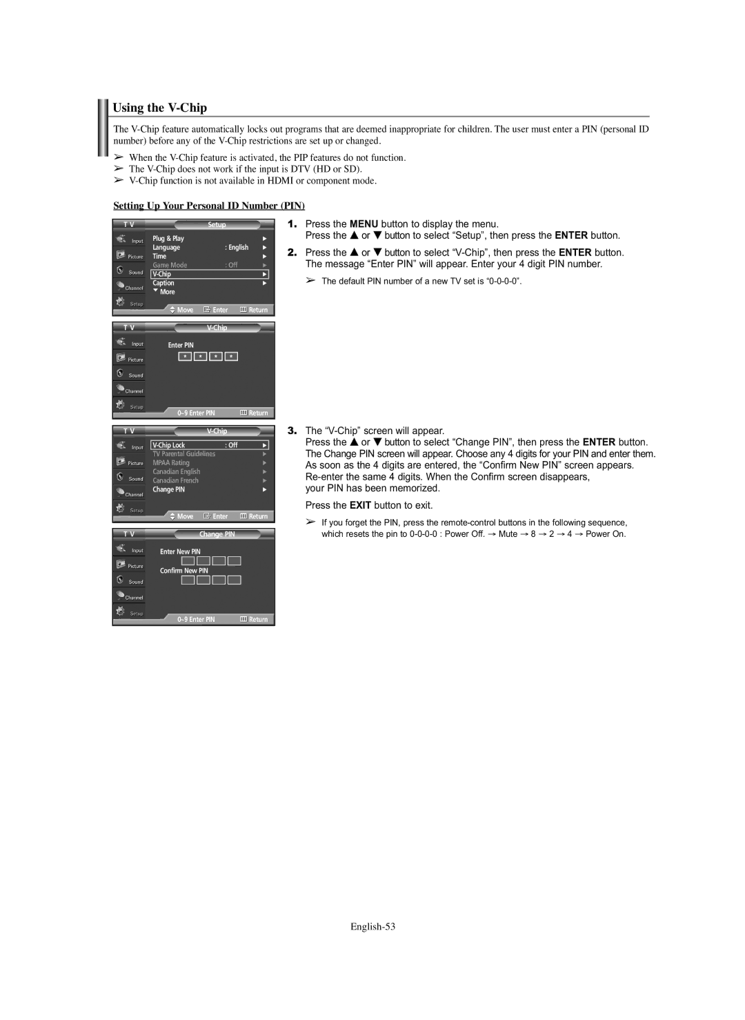 Samsung SP-S4243 manual Using the V-Chip, Setting Up Your Personal ID Number PIN, V-Chip screen will appear, English-53 