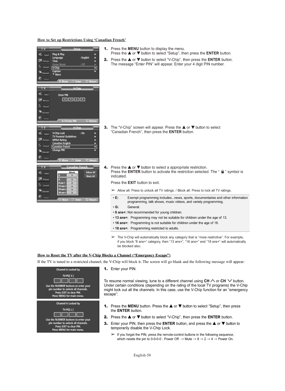 Samsung SP-S4243 manual How to Set up Restrictions Using ‘Canadian French’, English-58 