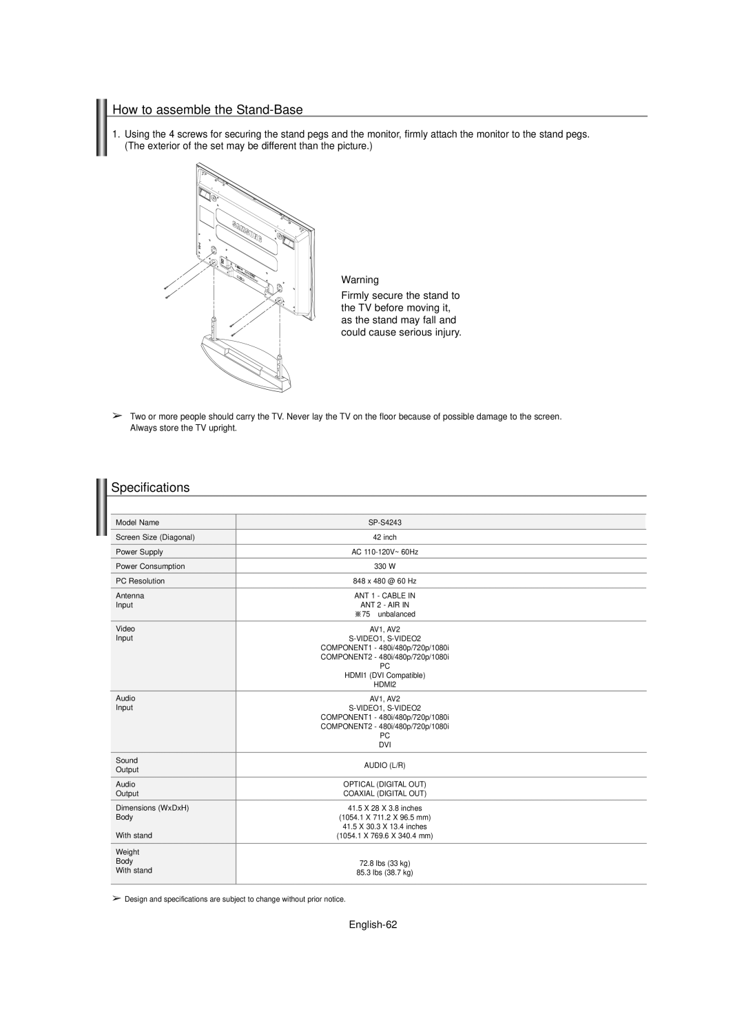 Samsung SP-S4243 manual How to assemble the Stand-Base, Specifications, English-62 