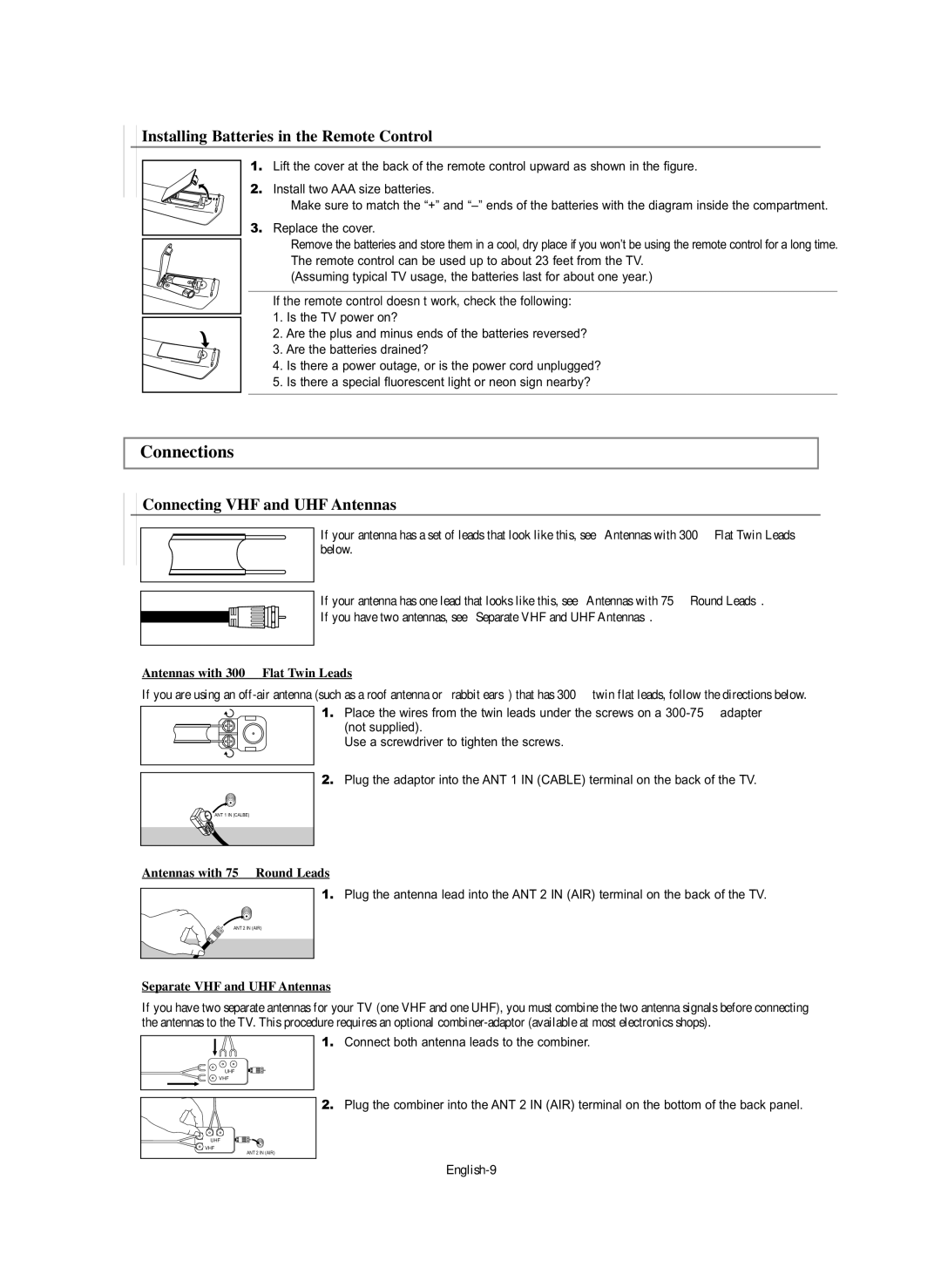 Samsung SP-S4243 manual Connections, Installing Batteries in the Remote Control, Connecting VHF and UHF Antennas 