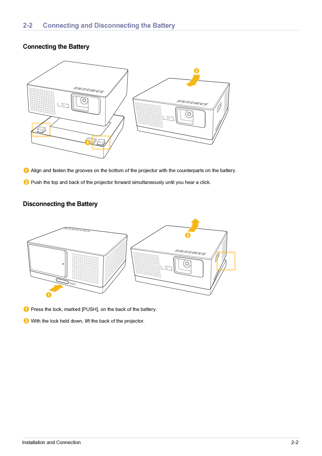 Samsung SP-H03/KR, SP0351VBX/EN manual Connecting and Disconnecting the Battery, Connecting the Battery 