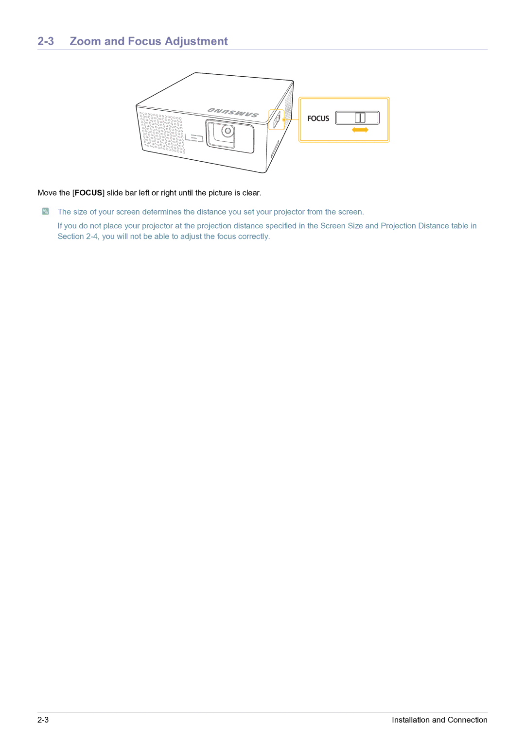 Samsung SP0351VBX/EN, SP-H03/KR manual Zoom and Focus Adjustment 