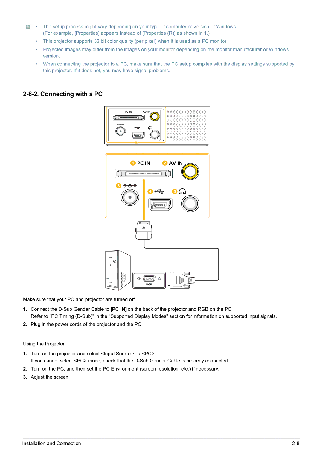 Samsung SP-H03/KR, SP0351VBX/EN manual Connecting with a PC 