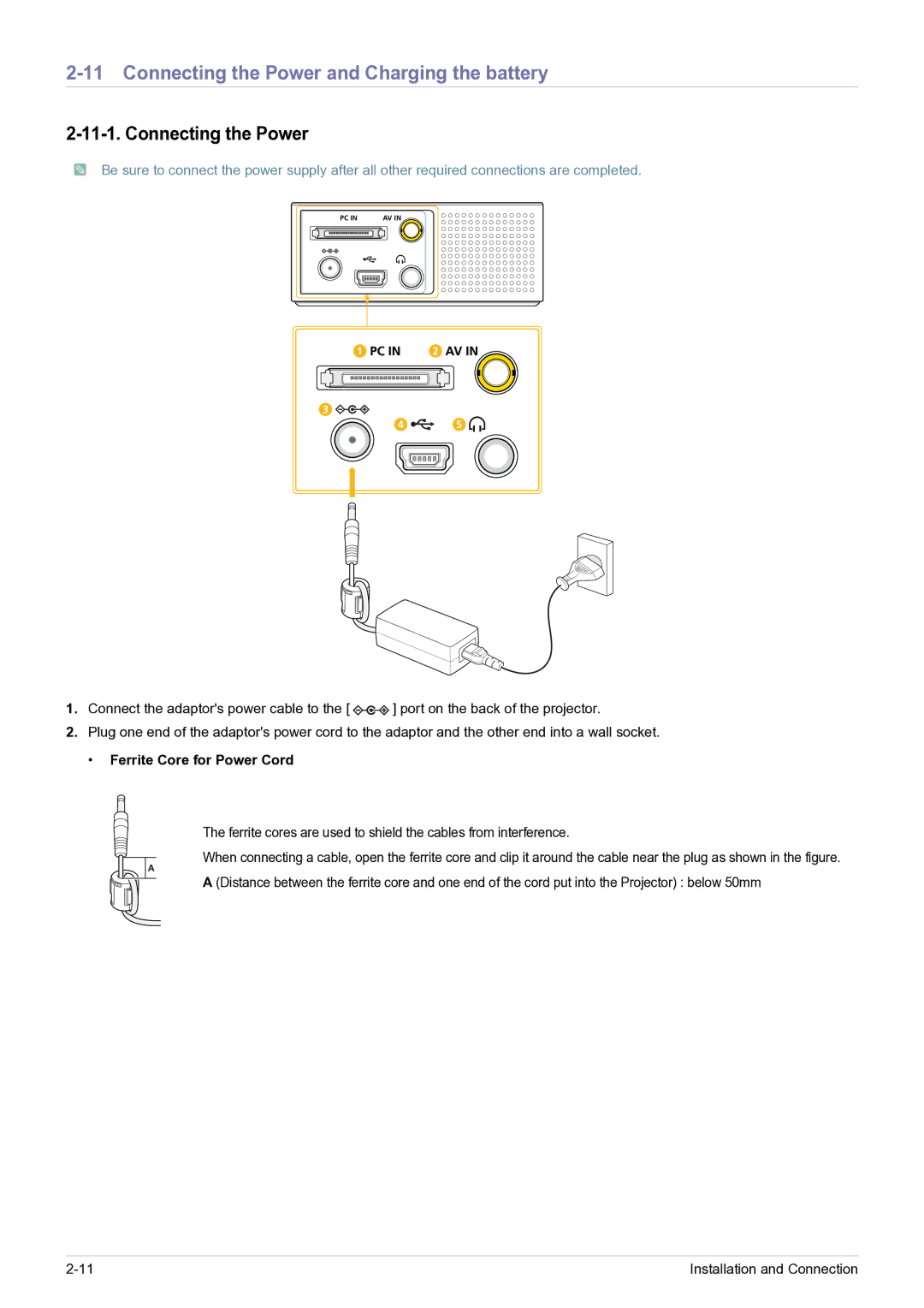 Samsung SP0351VBX/EN, SP-H03/KR manual Connecting the Power and Charging the battery 