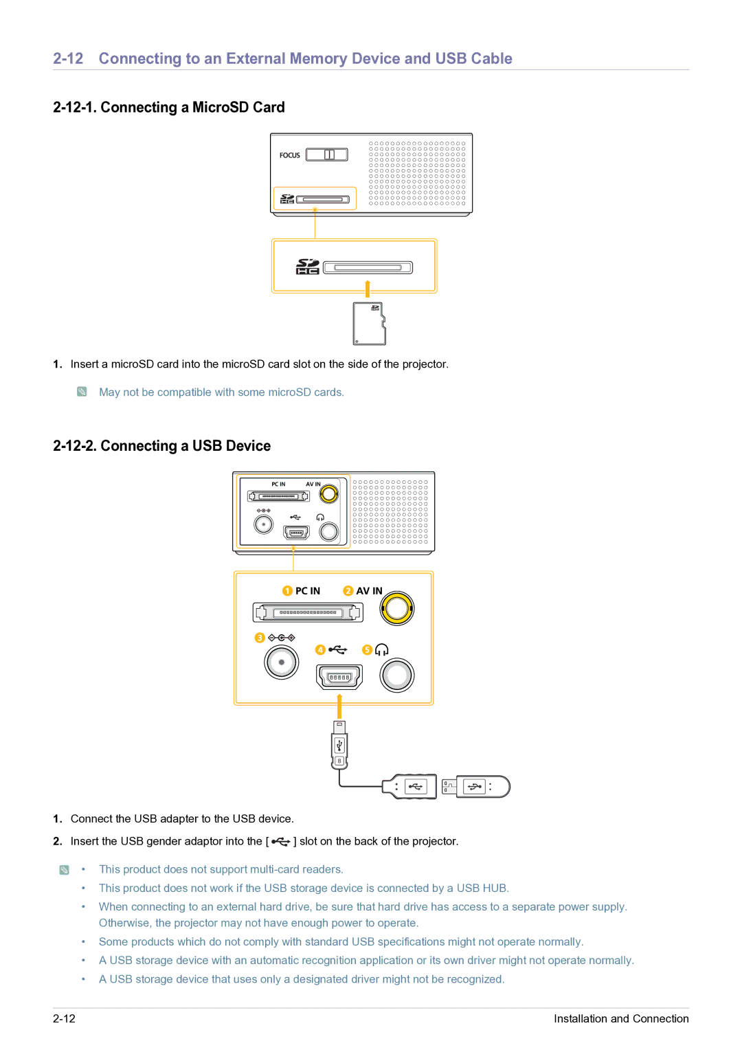 Samsung SP0351VBX/EN, SP-H03/KR manual Connecting to an External Memory Device and USB Cable, Connecting a MicroSD Card 