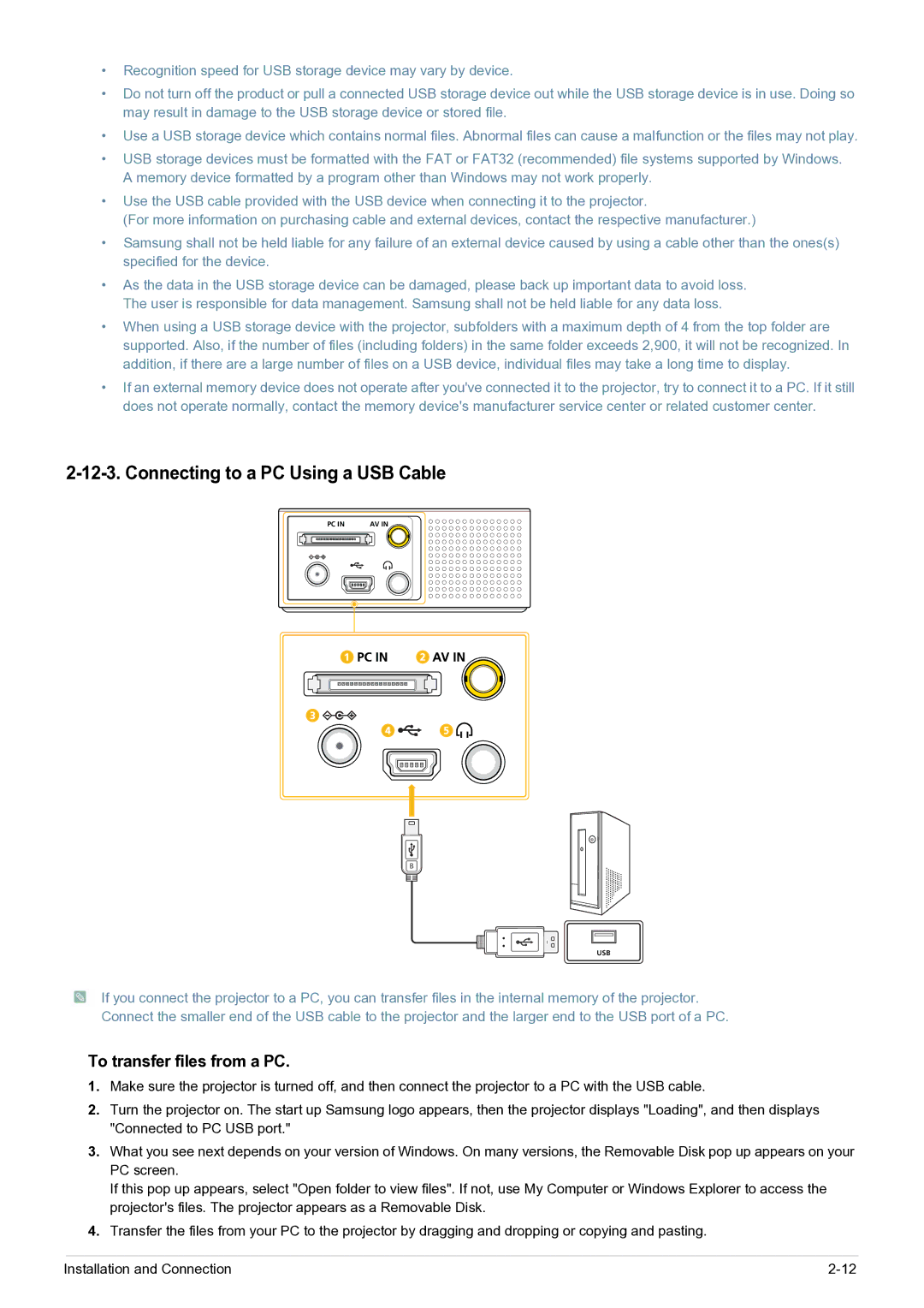 Samsung SP-H03/KR, SP0351VBX/EN manual Connecting to a PC Using a USB Cable, To transfer files from a PC 