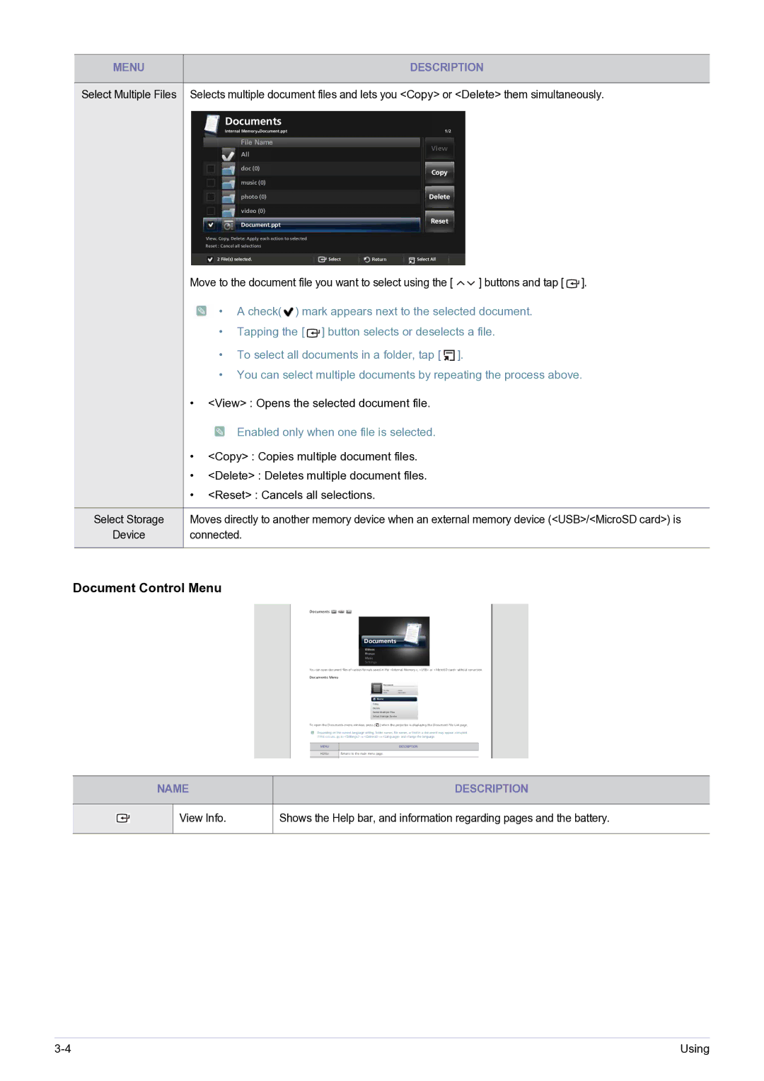 Samsung SP0351VBX/EN, SP-H03/KR manual Document Control Menu, Documents 