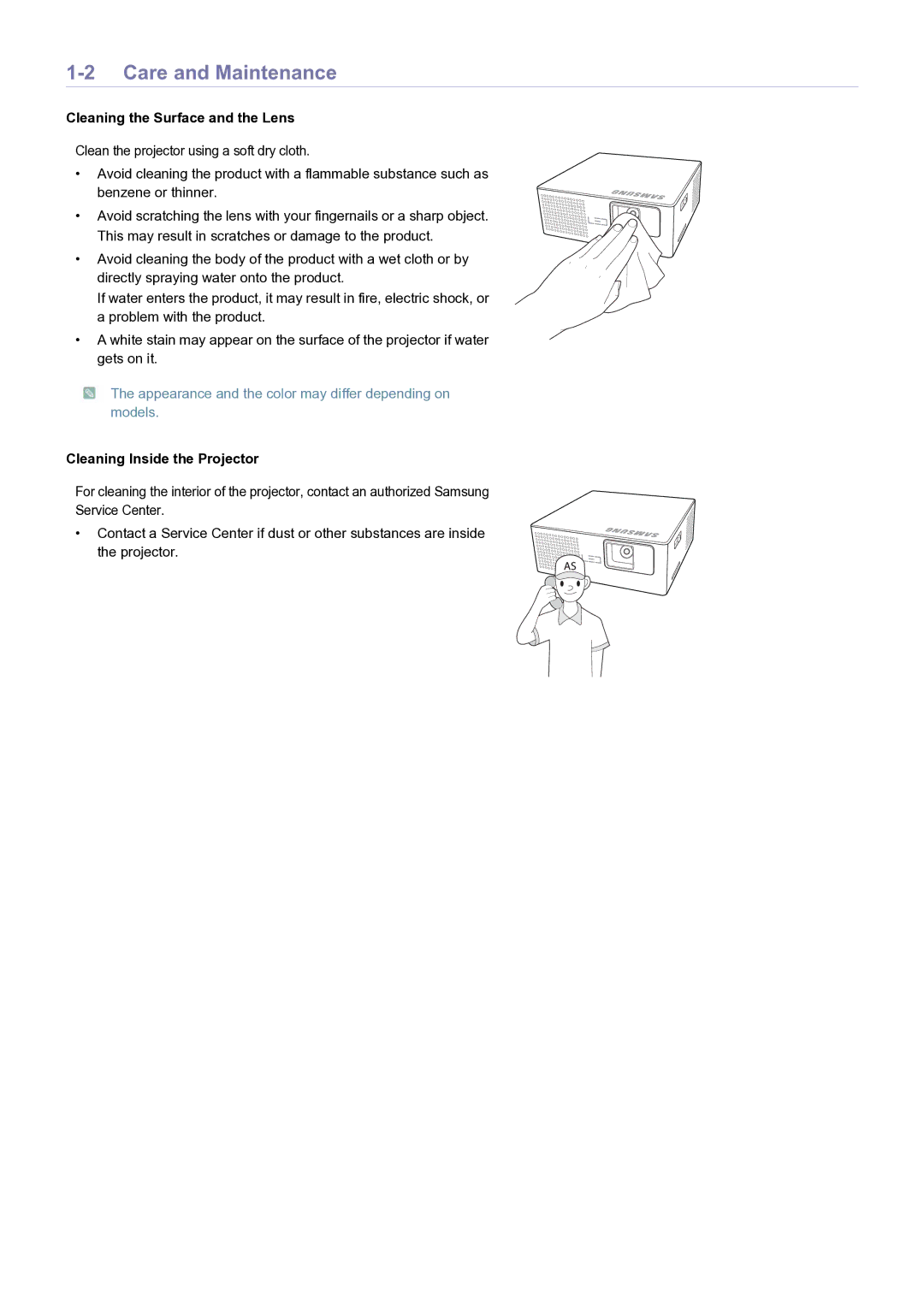 Samsung SP0351VBX/EN, SP-H03/KR manual Care and Maintenance, Cleaning the Surface and the Lens 