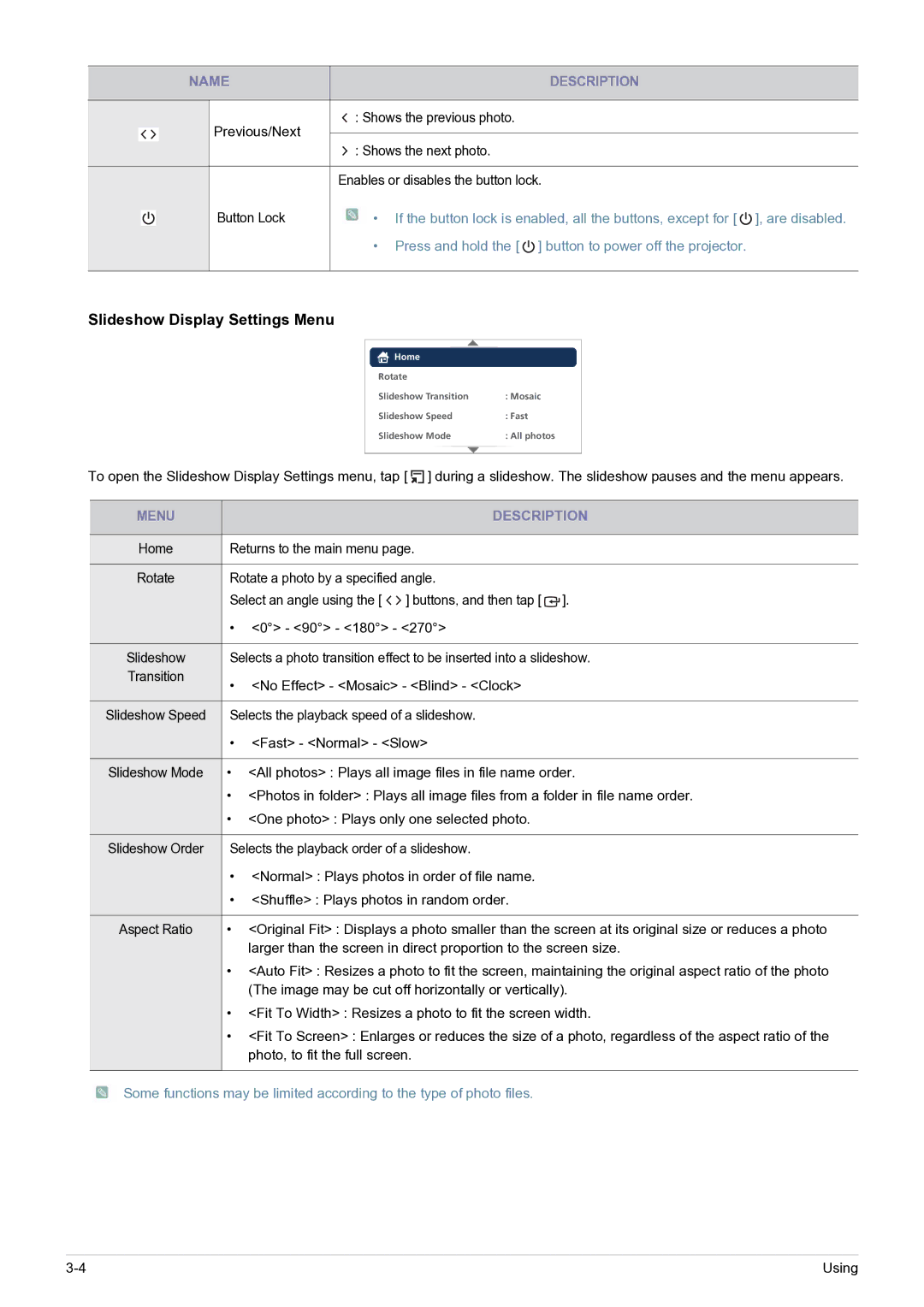 Samsung SP0351VBX/EN, SP-H03/KR manual Slideshow Display Settings Menu 