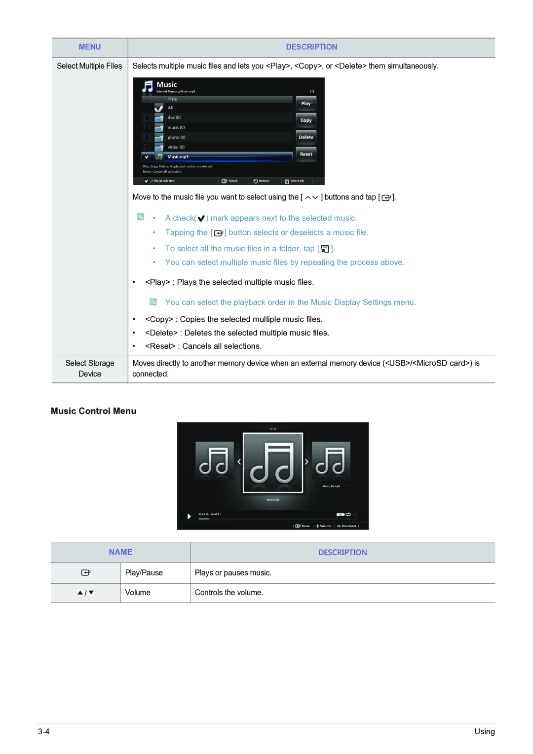 Samsung SP0351VBX/EN, SP-H03/KR manual Music Control Menu 