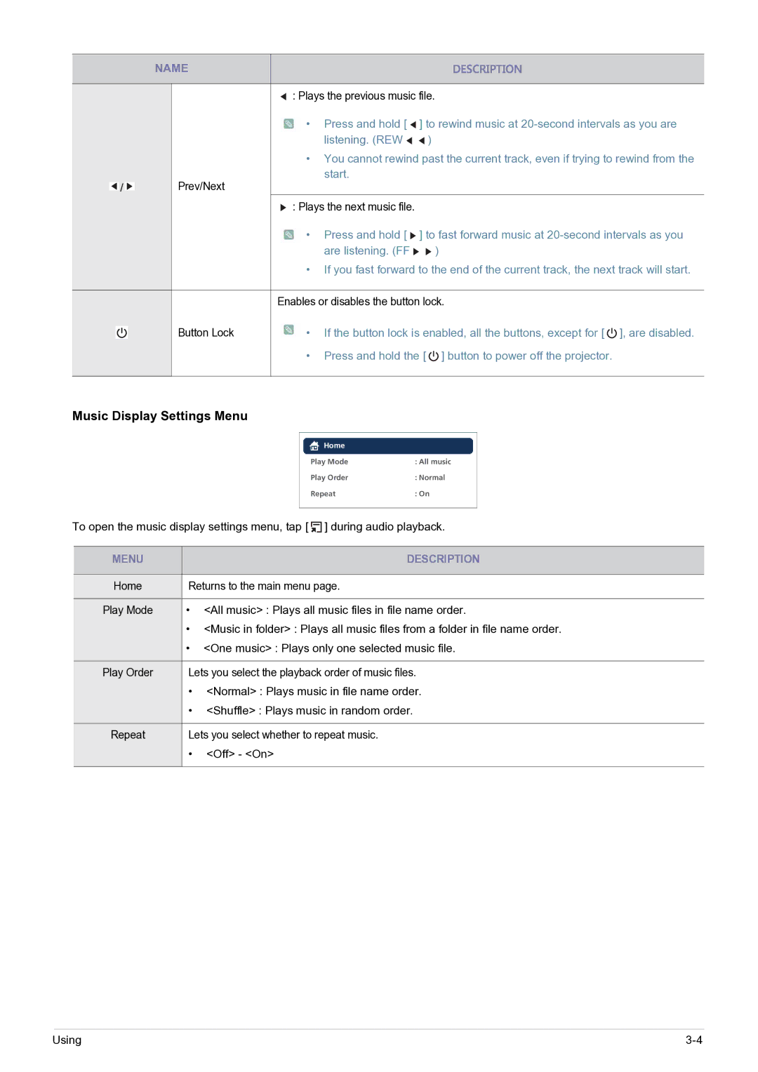 Samsung SP-H03/KR, SP0351VBX/EN manual Music Display Settings Menu 