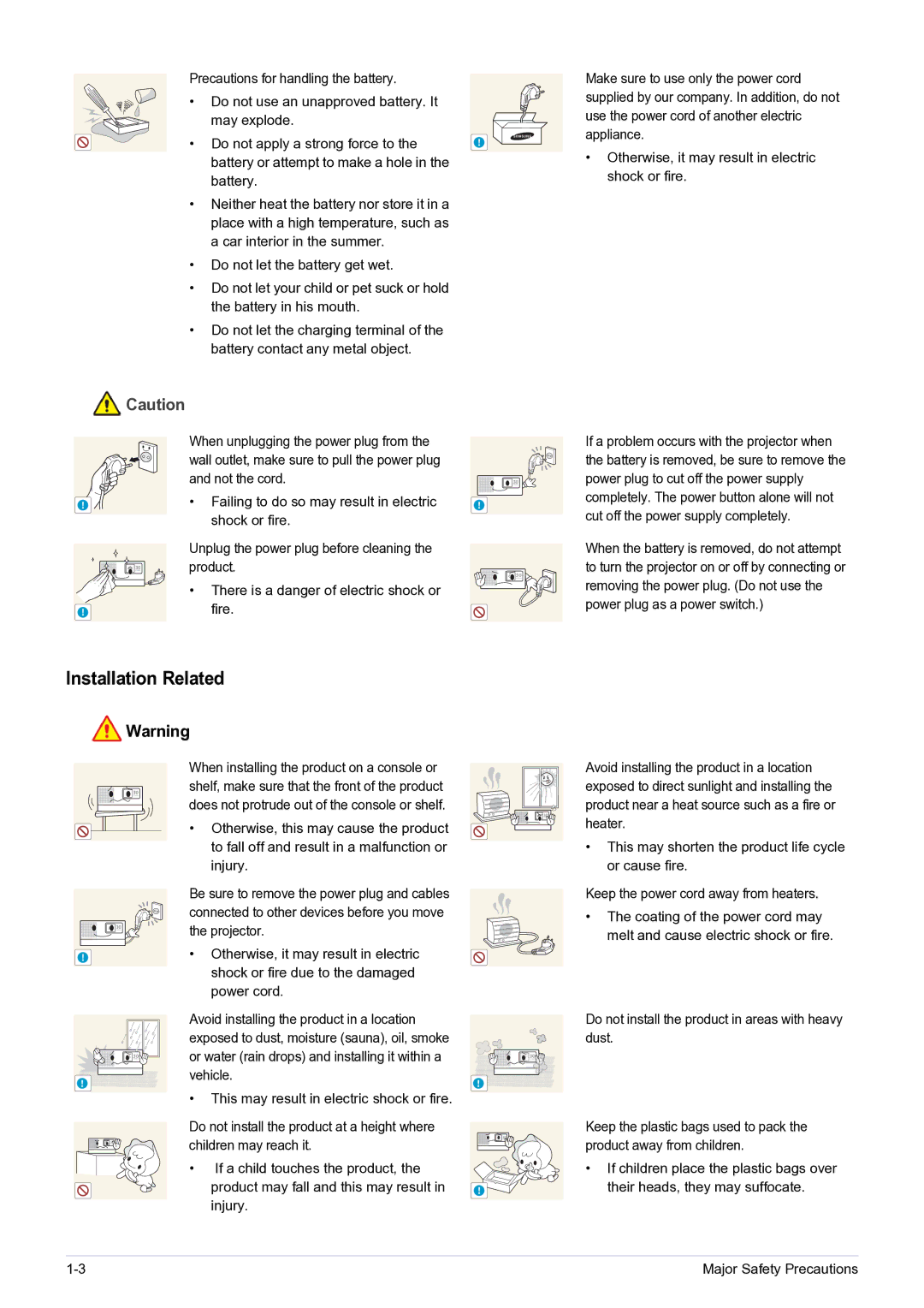 Samsung SP0351VBX/EN, SP-H03/KR manual Installation Related, Children may reach it 