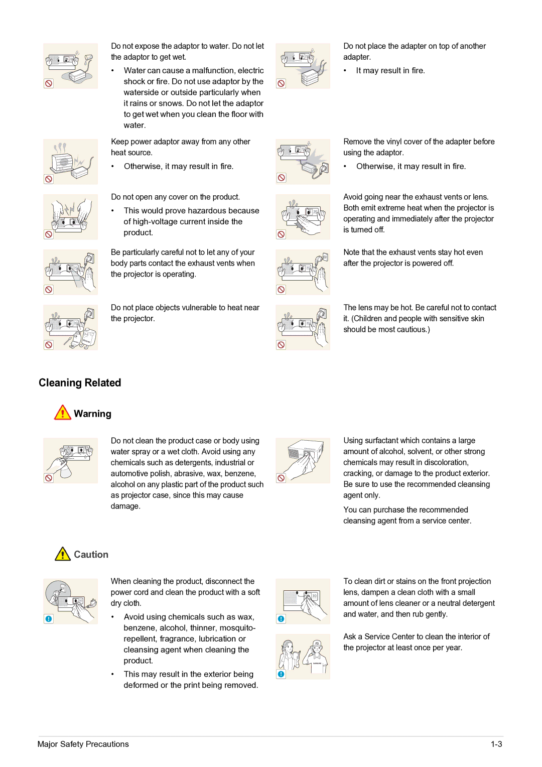 Samsung SP-H03/KR, SP0351VBX/EN manual Cleaning Related, Product 