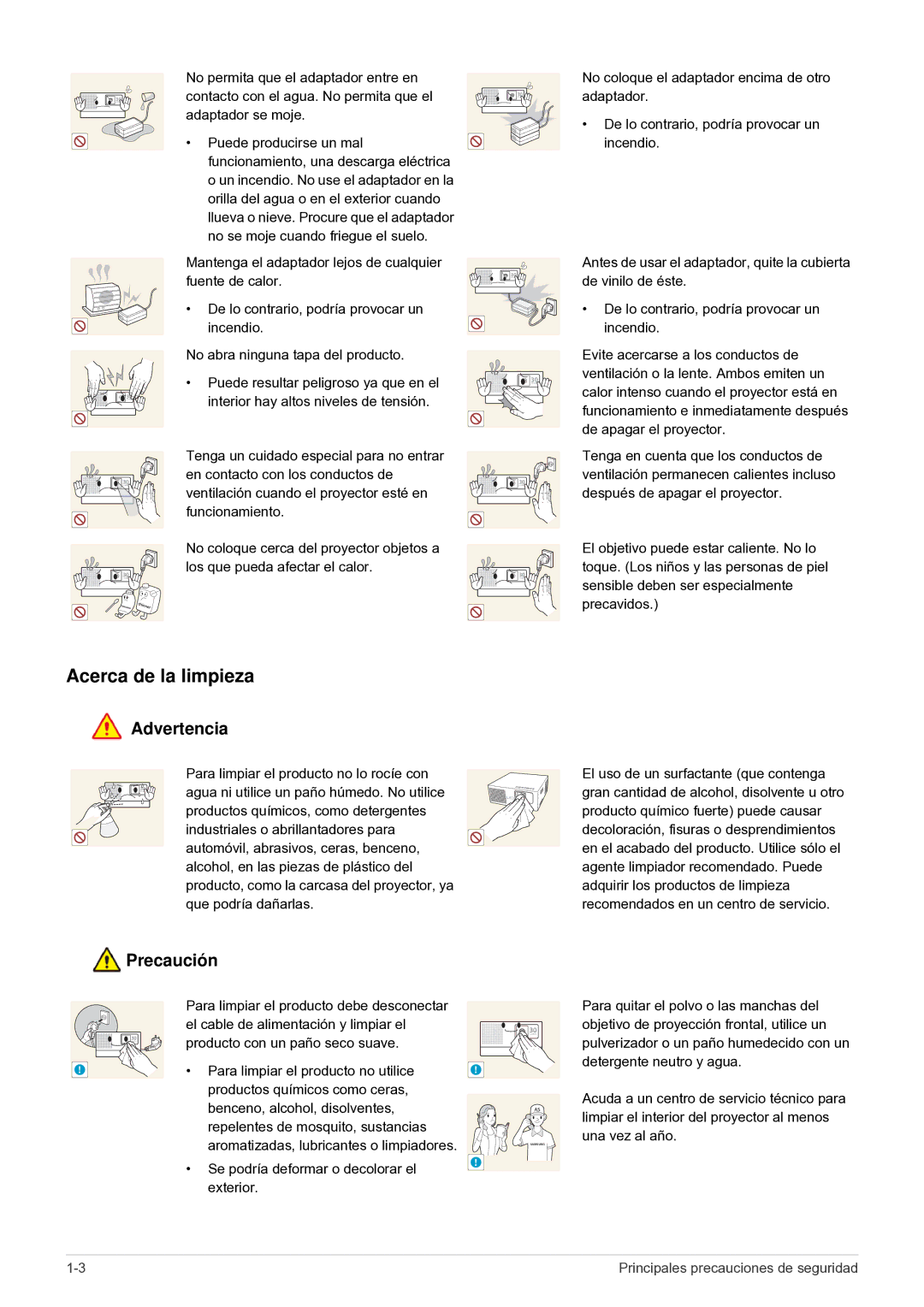 Samsung SP0351VBX/EN, SP-H03/KR manual Acerca de la limpieza, Productos químicos como ceras 