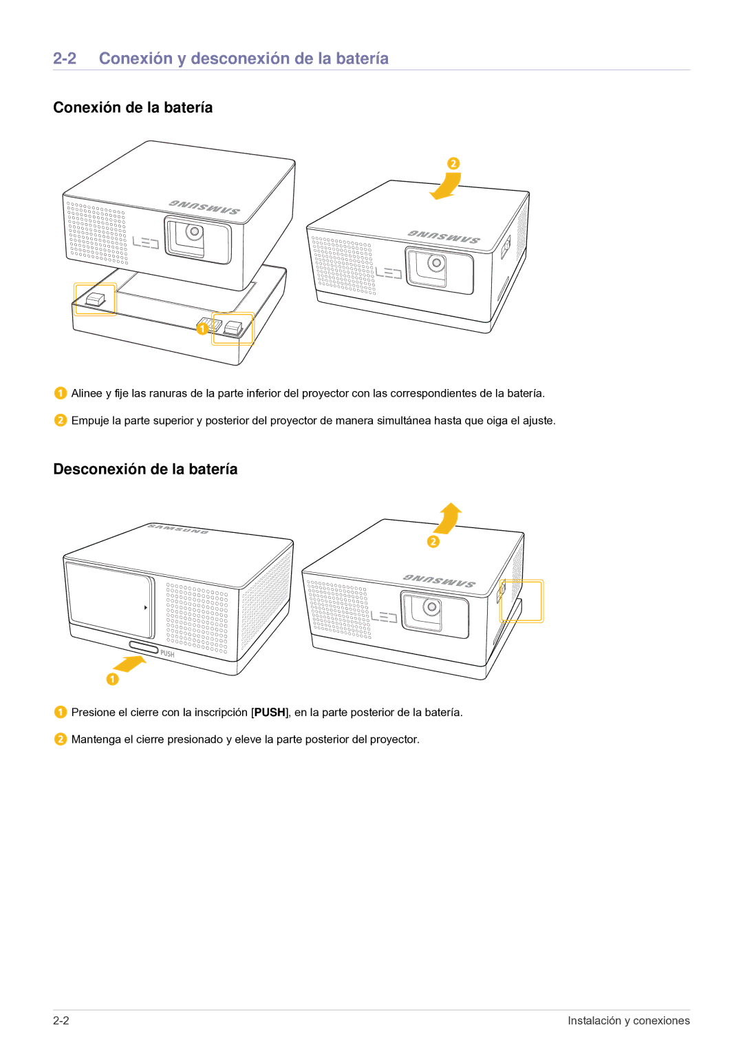 Samsung SP0351VBX/EN, SP-H03/KR Conexión y desconexión de la batería, Conexión de la batería, Desconexión de la batería 