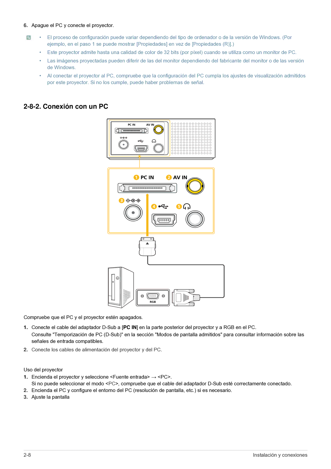 Samsung SP0351VBX/EN, SP-H03/KR manual Conexión con un PC, Conecte los cables de alimentación del proyector y del PC 