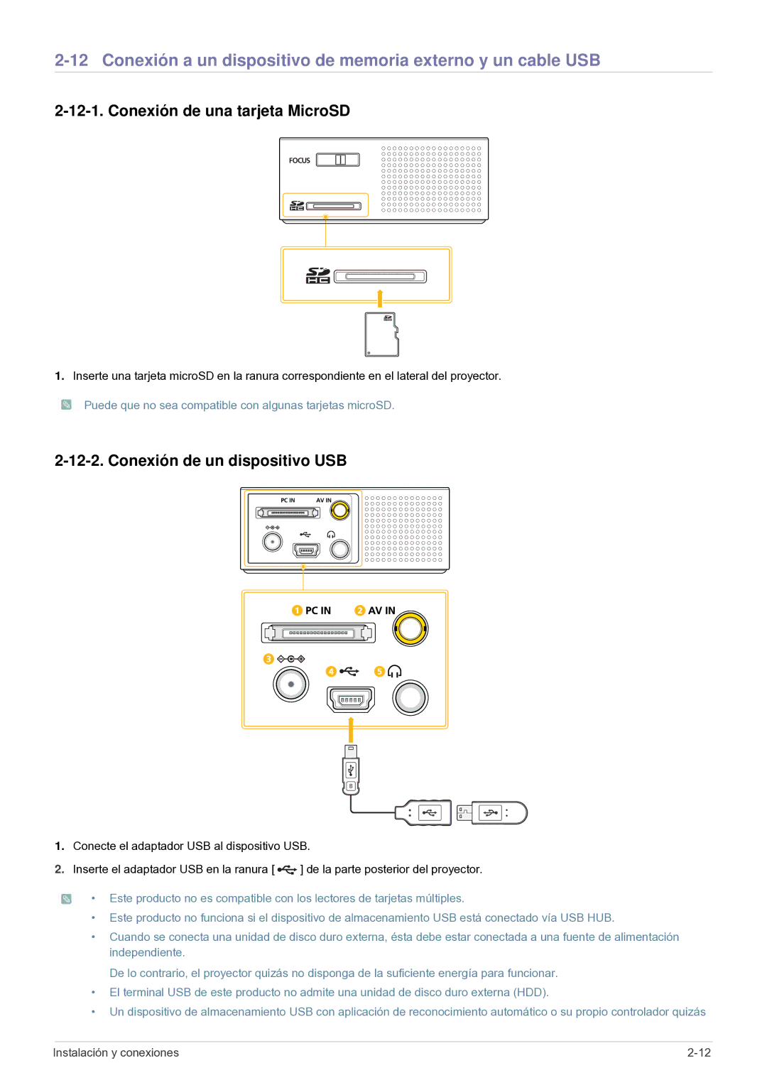 Samsung SP-H03/KR manual Conexión a un dispositivo de memoria externo y un cable USB, Conexión de una tarjeta MicroSD 