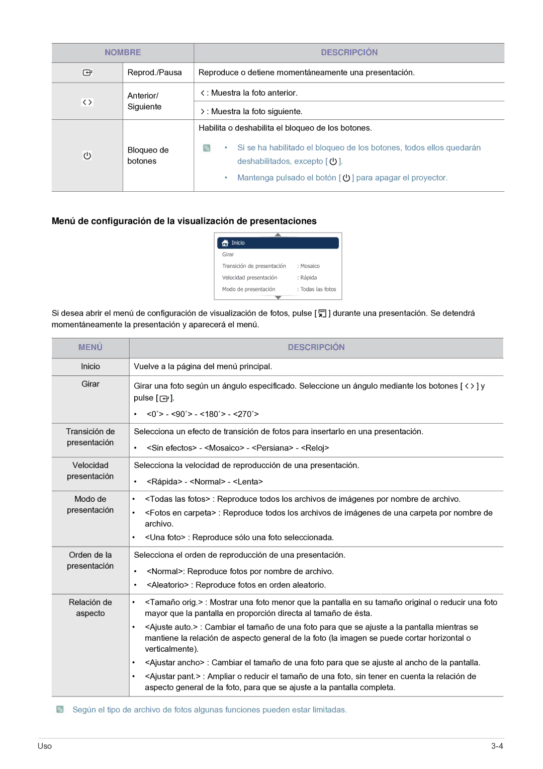 Samsung SP-H03/KR, SP0351VBX/EN manual Menú de configuración de la visualización de presentaciones, Nombre Descripción 