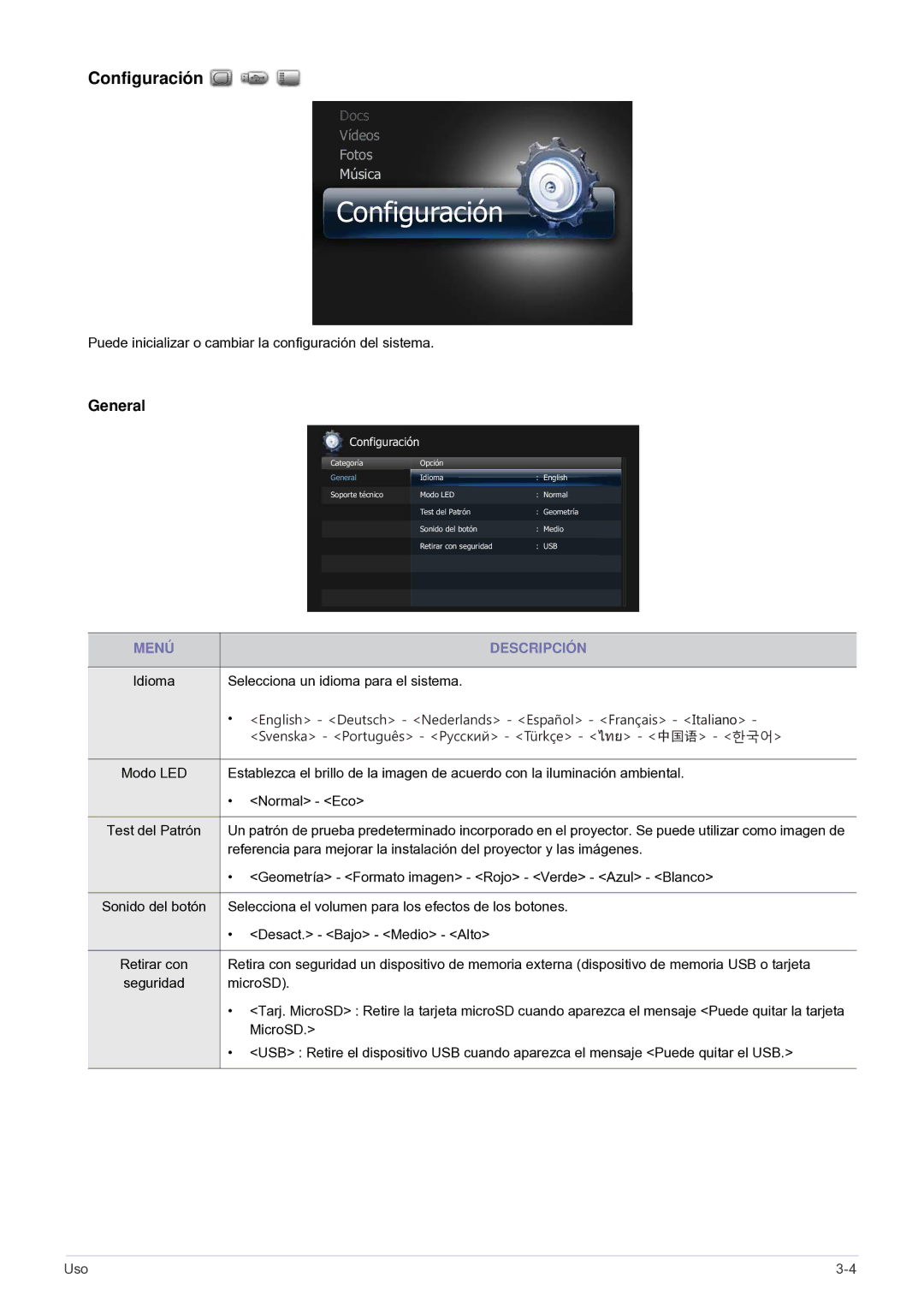 Samsung SP-H03/KR, SP0351VBX/EN manual Configuración, General 