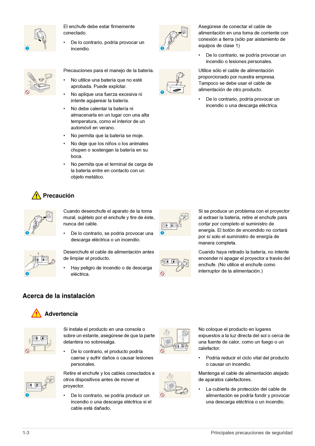 Samsung SP0351VBX/EN, SP-H03/KR manual Acerca de la instalación, De lo contrario, podría provocar un Incendio 