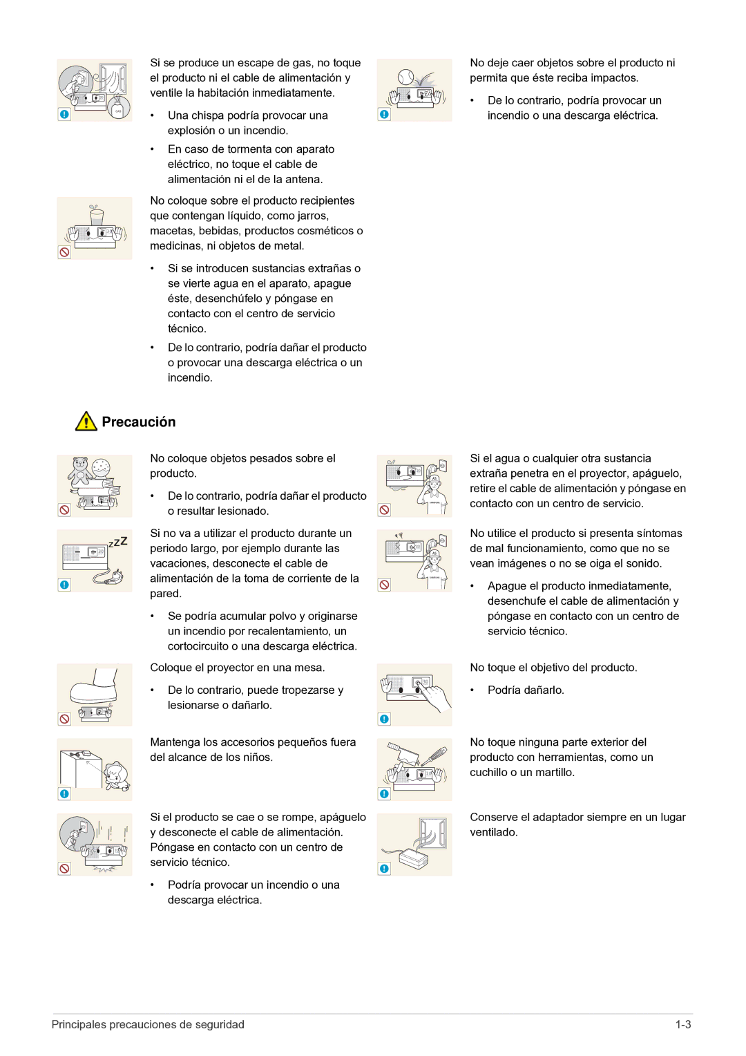 Samsung SP-H03/KR, SP0351VBX/EN manual Si se produce un escape de gas, no toque 