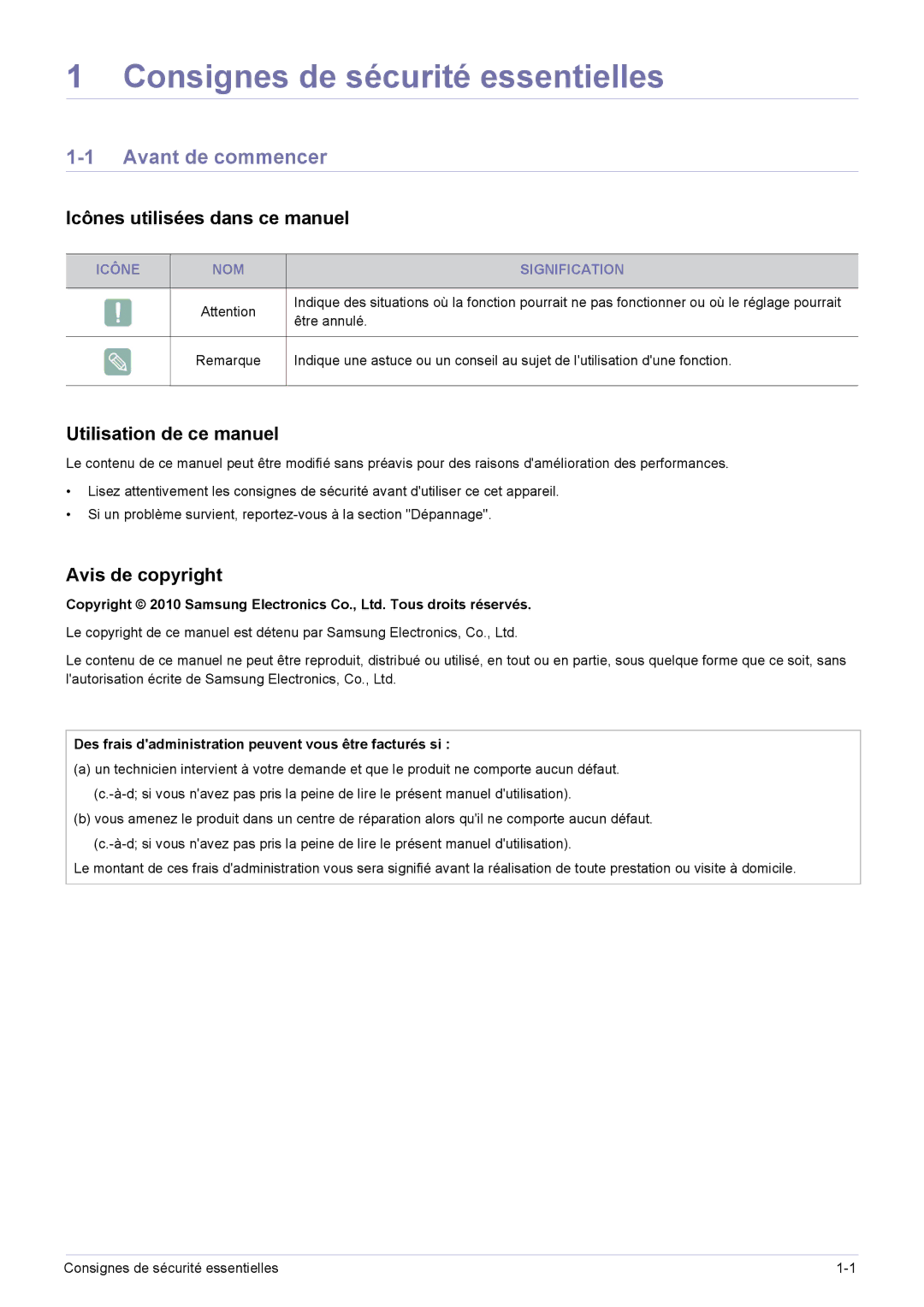 Samsung SP0351VBX/EN Avant de commencer, Icônes utilisées dans ce manuel, Utilisation de ce manuel, Avis de copyright 