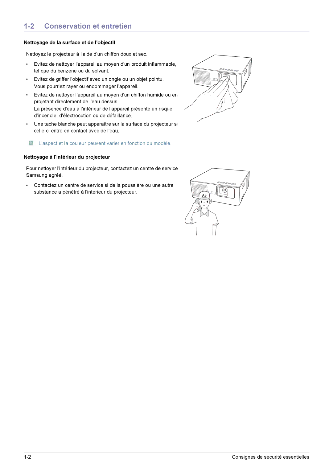 Samsung SP0351VBX/EN manual Conservation et entretien, Nettoyage de la surface et de lobjectif 