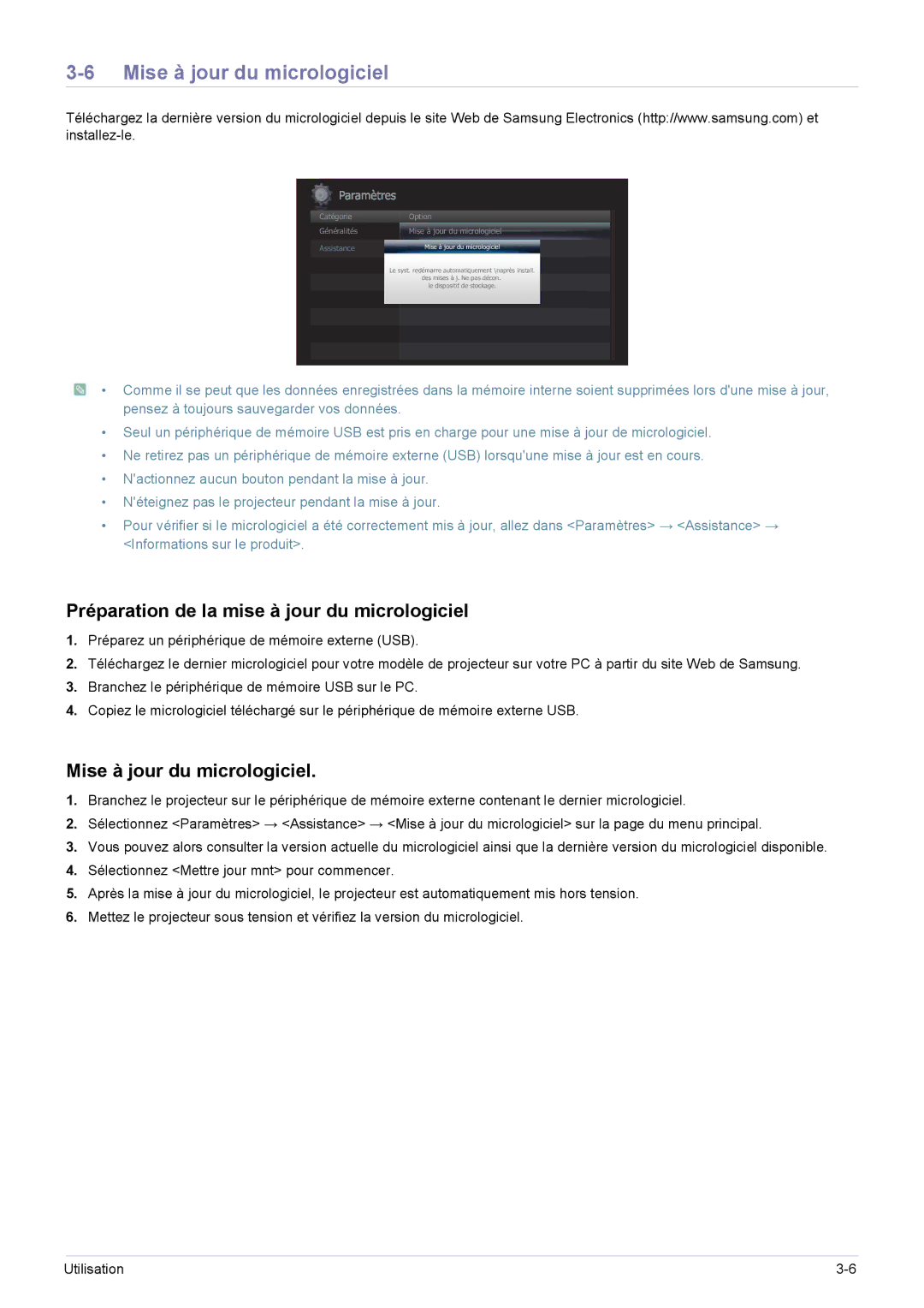 Samsung SP0351VBX/EN manual Mise à jour du micrologiciel, Préparation de la mise à jour du micrologiciel 