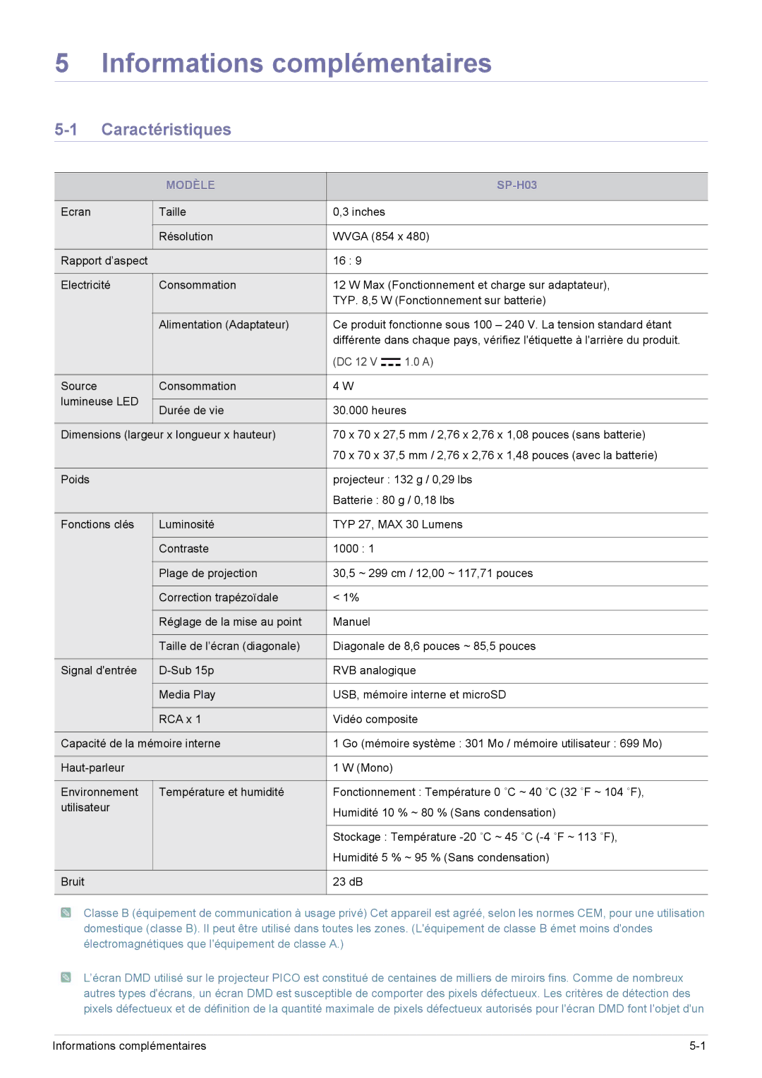 Samsung SP0351VBX/EN manual Caractéristiques, Modèle 