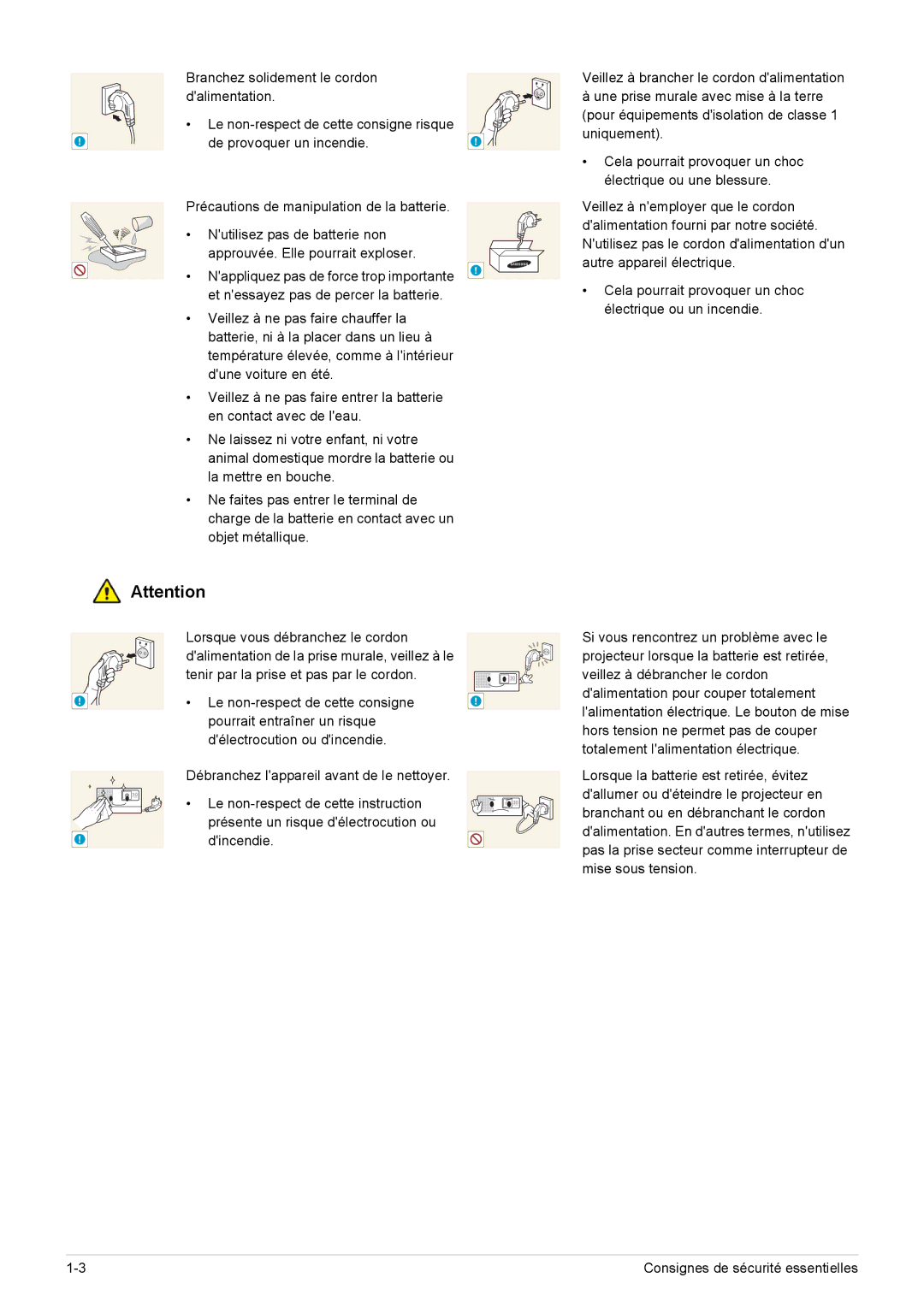 Samsung SP0351VBX/EN manual Dalimentation de la prise murale, veillez à le 