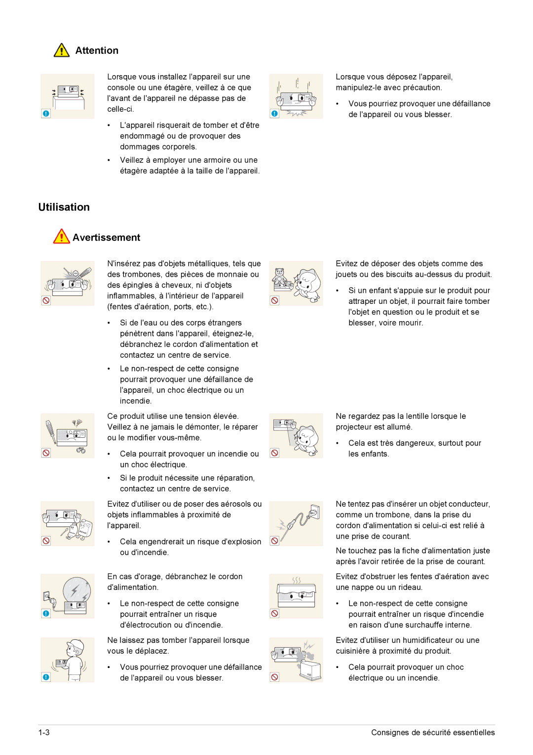 Samsung SP0351VBX/EN manual Utilisation, Cela pourrait provoquer un incendie ou un choc électrique 