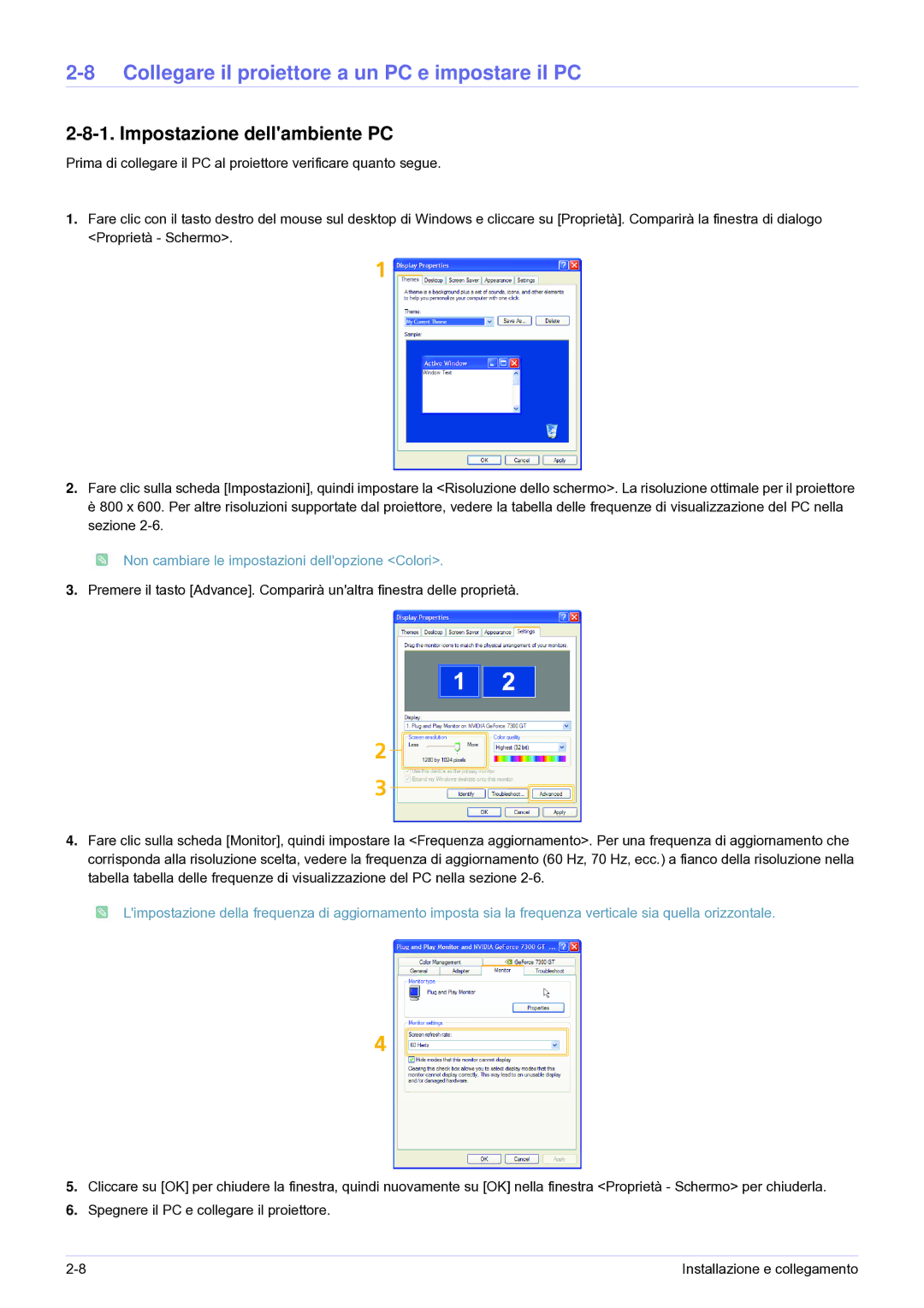 Samsung SP0351VBX/EN manual Collegare il proiettore a un PC e impostare il PC, Impostazione dellambiente PC 