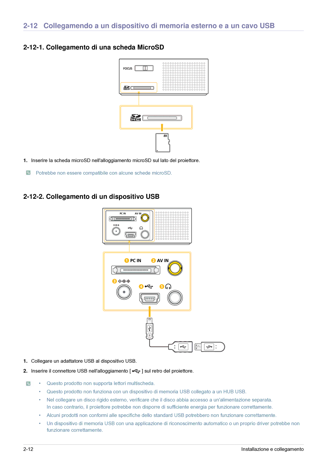 Samsung SP0351VBX/EN manual Collegamento di una scheda MicroSD, Collegamento di un dispositivo USB 