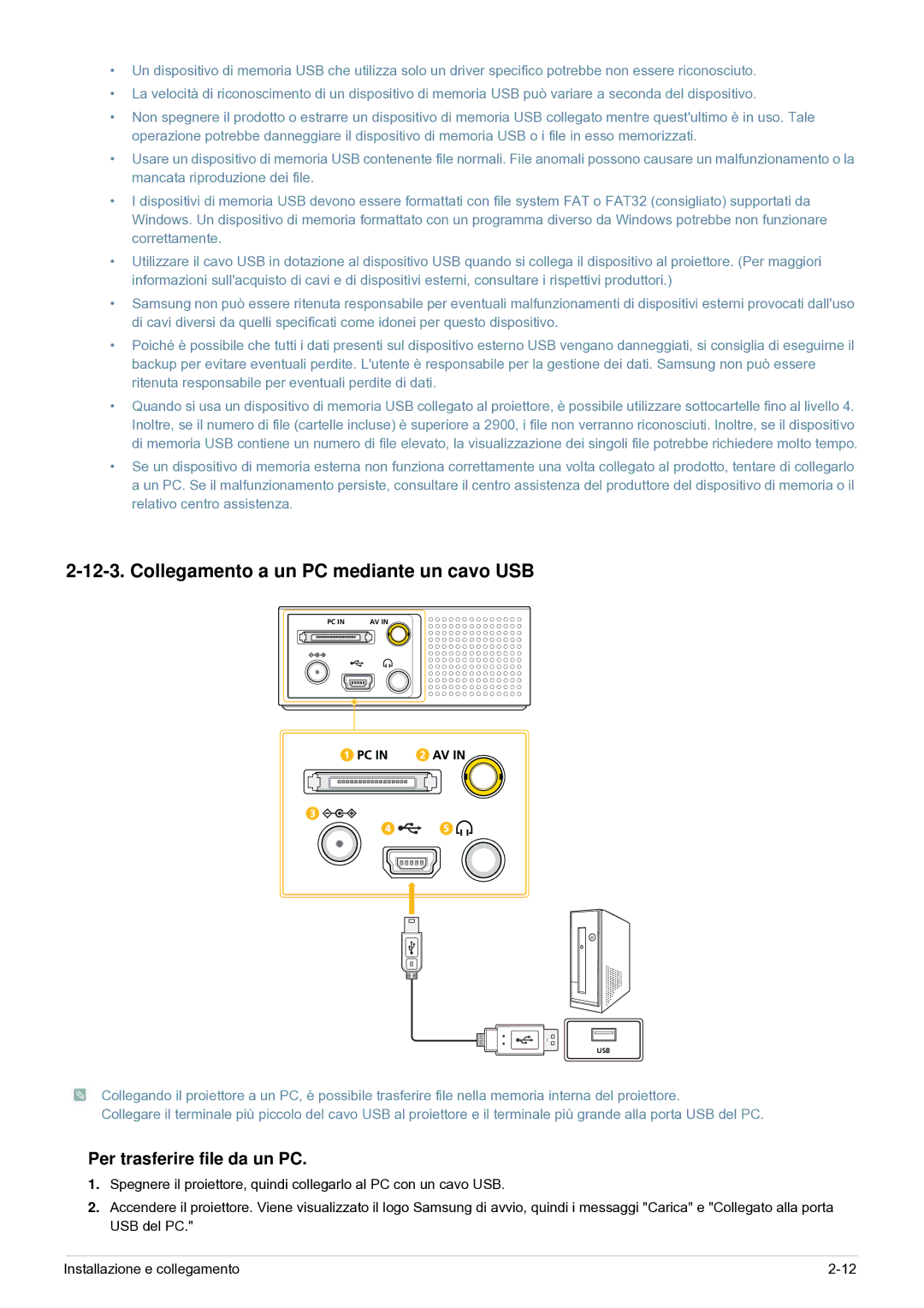 Samsung SP0351VBX/EN manual Collegamento a un PC mediante un cavo USB, Per trasferire file da un PC 