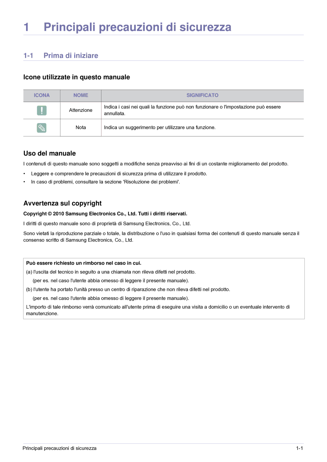 Samsung SP0351VBX/EN Prima di iniziare, Icone utilizzate in questo manuale, Uso del manuale, Avvertenza sul copyright 