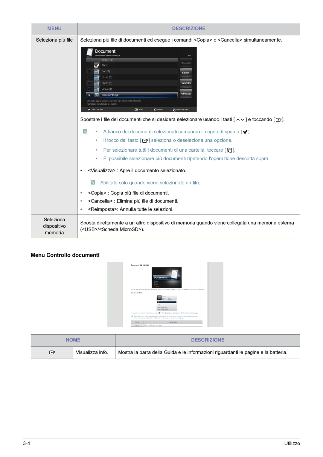 Samsung SP0351VBX/EN manual Menu Controllo documenti, Abilitato solo quando viene selezionato un file 