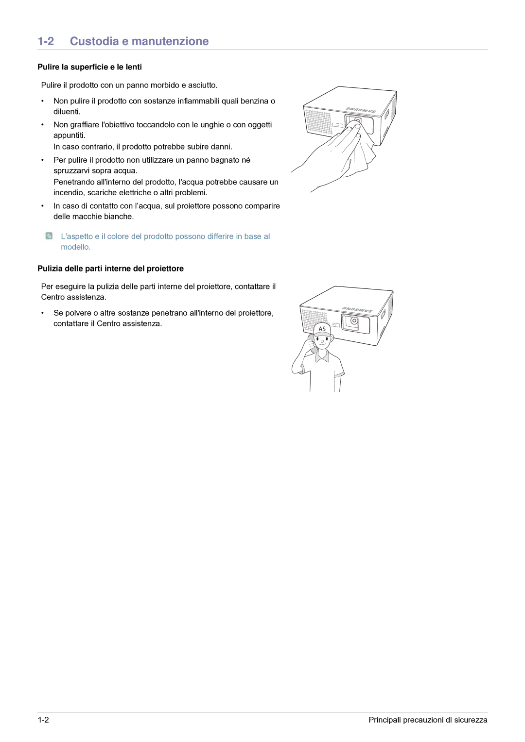 Samsung SP0351VBX/EN manual Custodia e manutenzione, Pulire la superficie e le lenti 