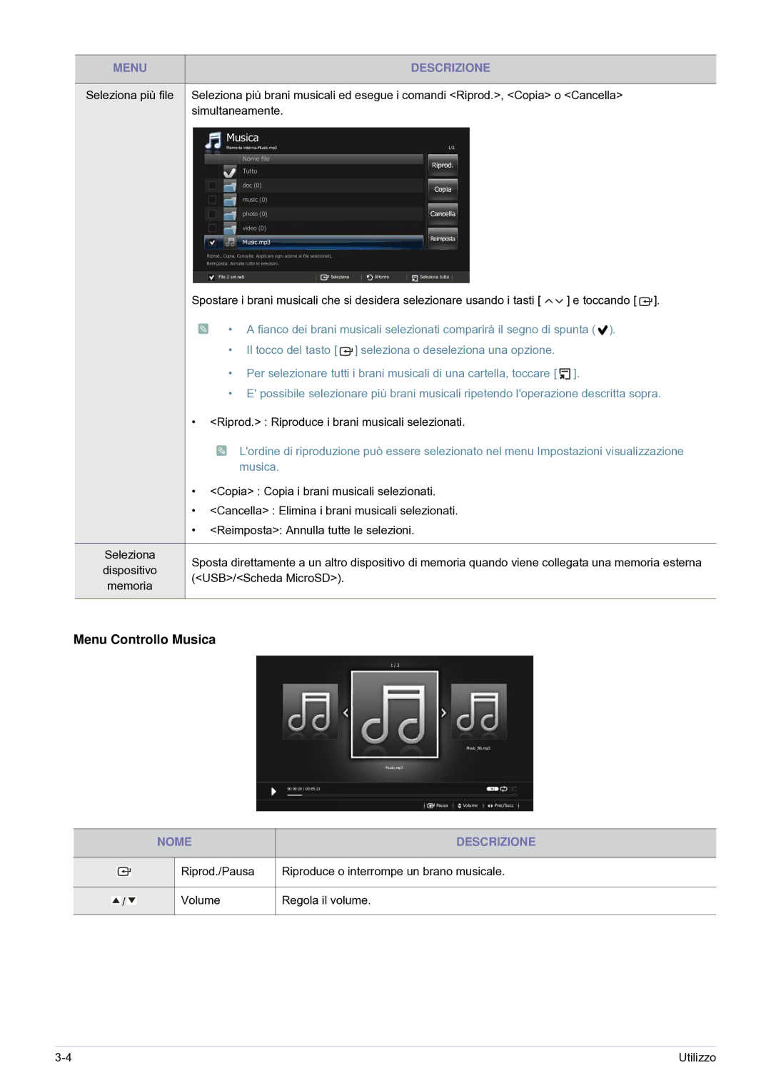 Samsung SP0351VBX/EN manual Menu Controllo Musica 