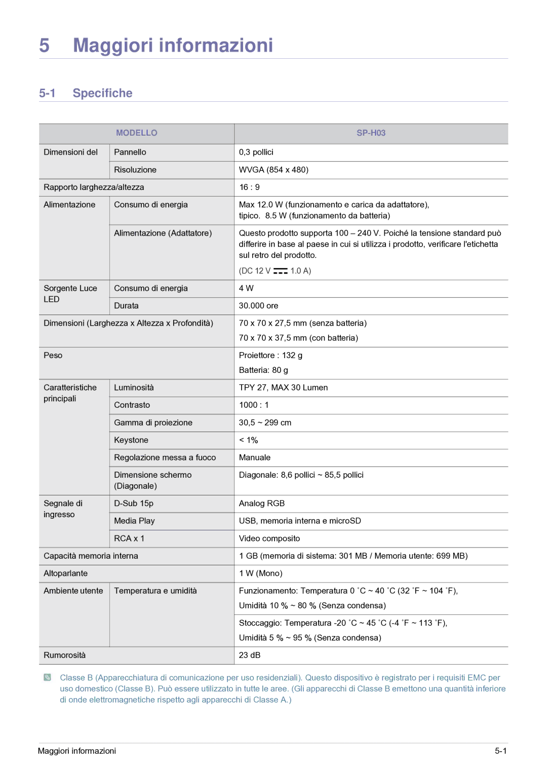 Samsung SP0351VBX/EN manual Specifiche, Modello 