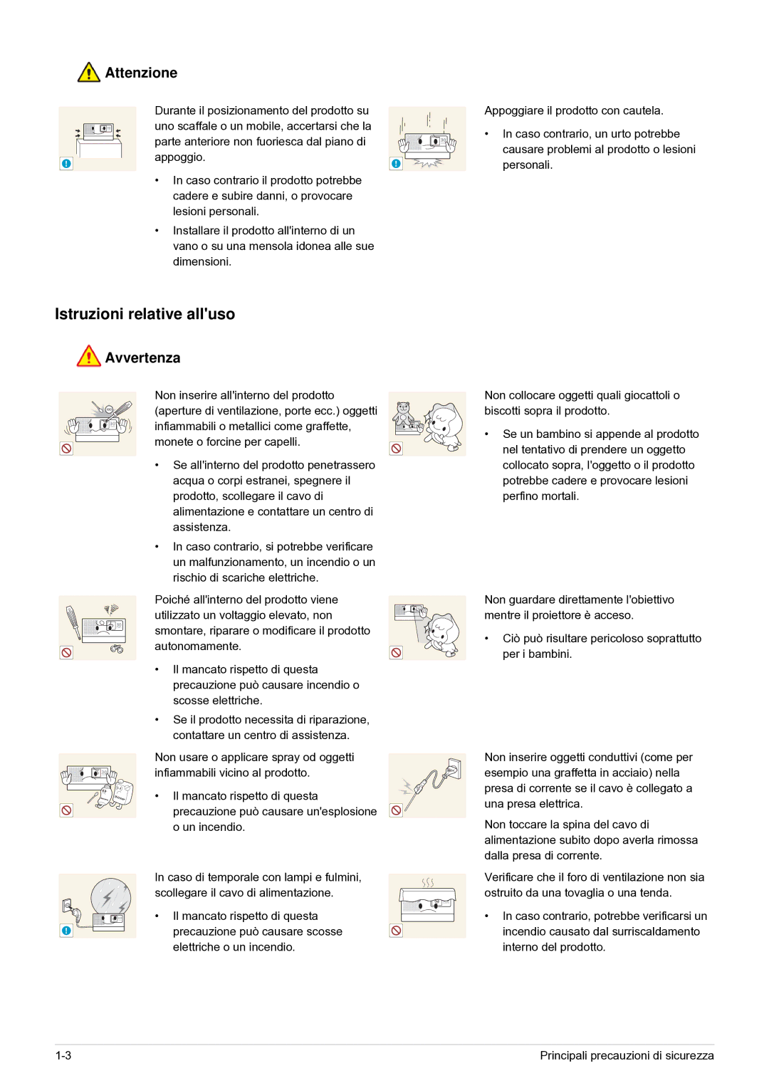 Samsung SP0351VBX/EN manual Istruzioni relative alluso, Infiammabili vicino al prodotto 