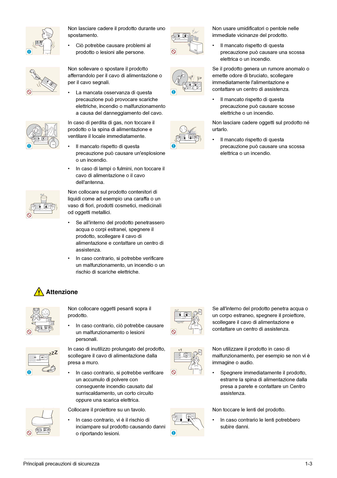 Samsung SP0351VBX/EN manual Non lasciare cadere il prodotto durante uno spostamento 