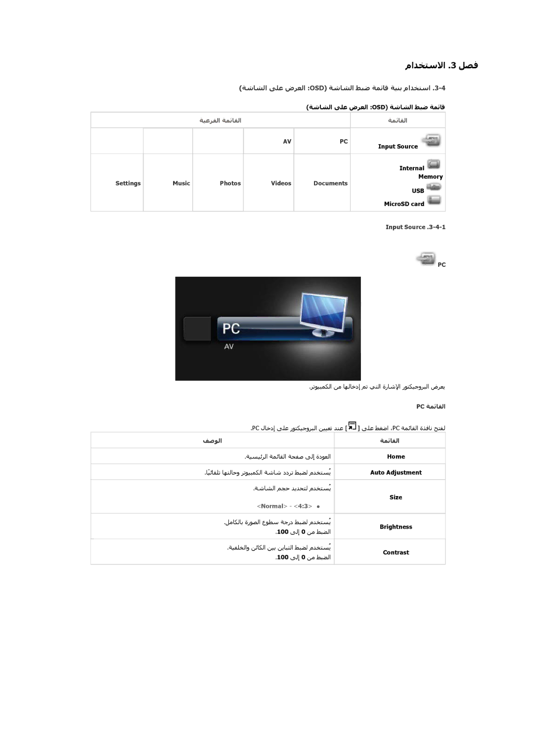 Samsung SP0351VBX/EN manual ﺔﺷﺎﺸﻟا ﻰﻠﻋ ضﺮﻌﻟا Osd ﺔﺷﺎﺸﻟا ﻂﺒﺿ ﺔﻤﺋﺎﻗ ﺔﻴﻨﺑ ماﺪﺨﺘﺳا 