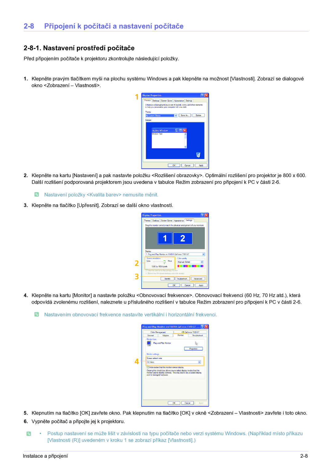 Samsung SP0351VBX/EN manual Připojení k počítači a nastavení počítače, Nastavení prostředí počítače 