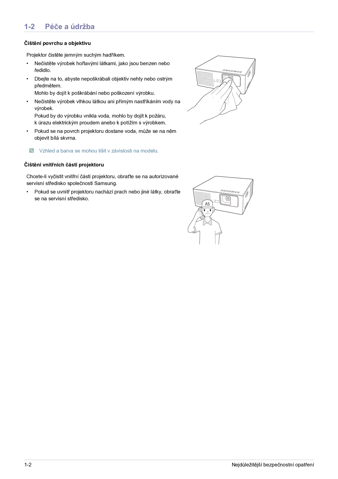 Samsung SP0351VBX/EN manual Péče a údržba, Čištění povrchu a objektivu 