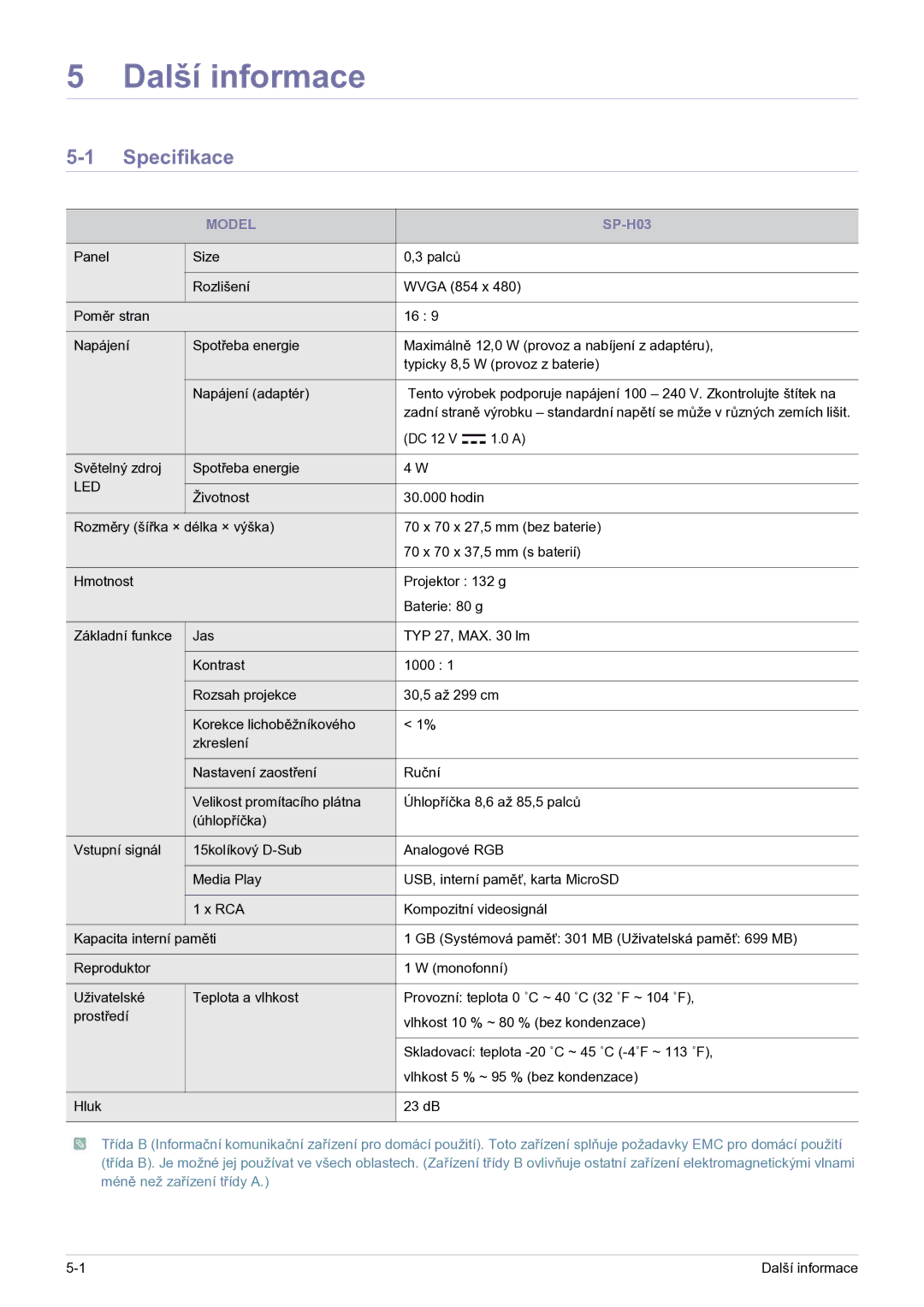 Samsung SP0351VBX/EN manual Specifikace, Model 